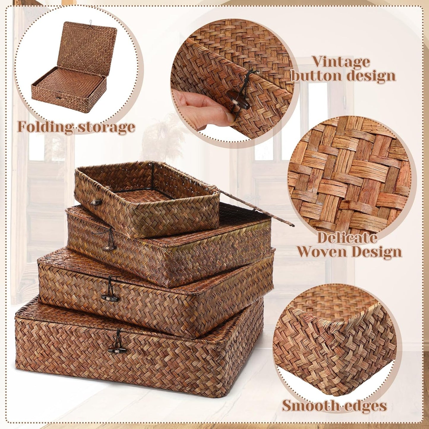Seagrass Basket / Lid Wicker Storage Basket Decorative Storage Boxes / Dark Brown / Set of 4