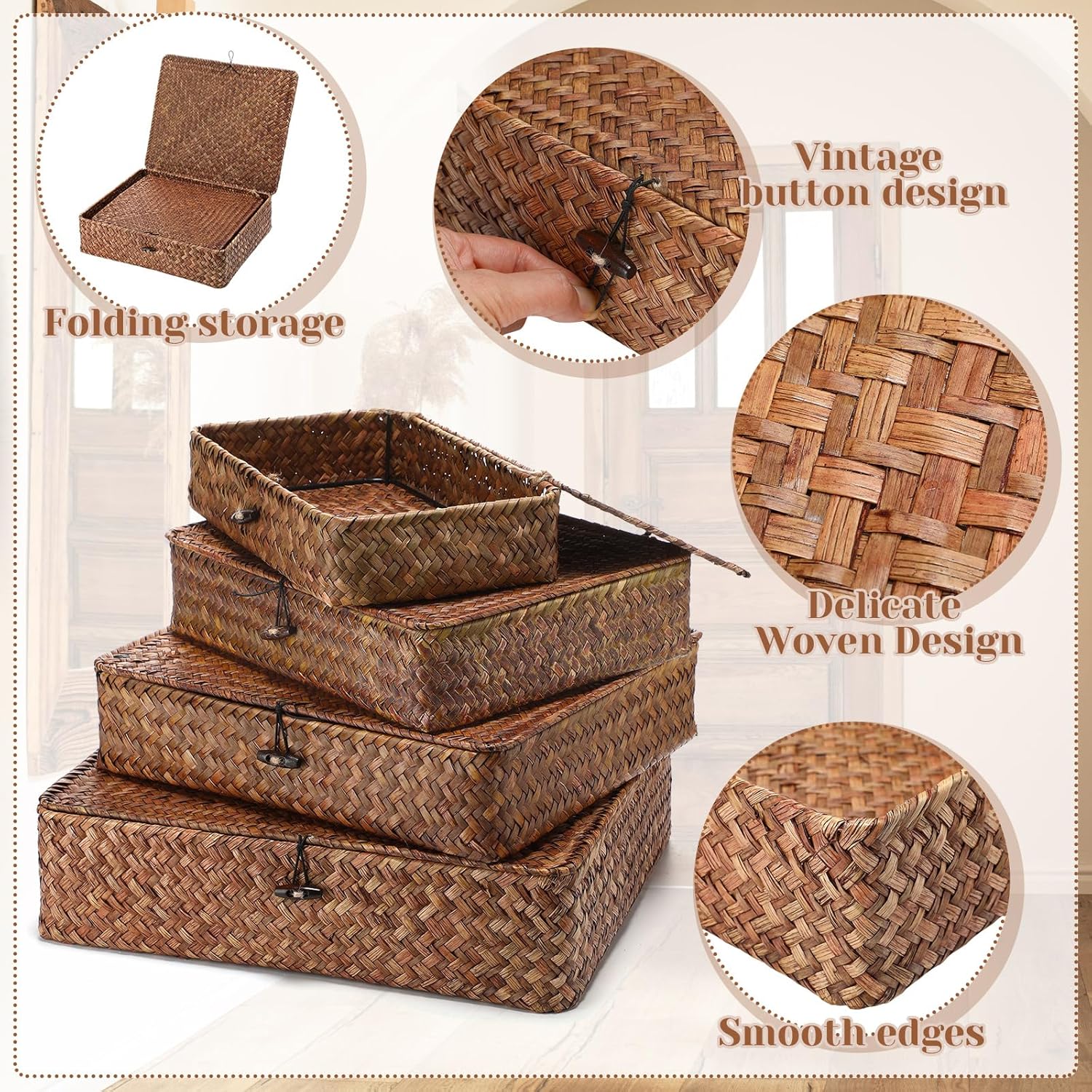 Seagrass Basket / Lid Wicker Storage Basket Decorative Storage Boxes / Dark Brown / Set of 4