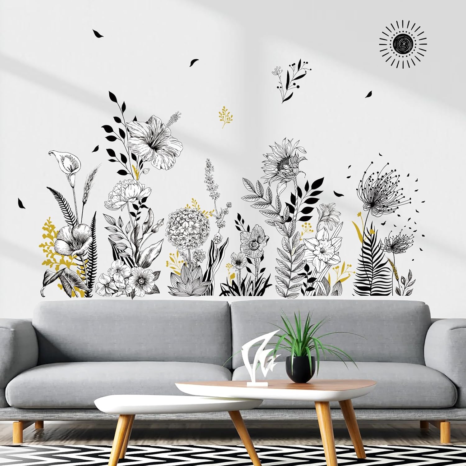 White Garden Flower Wall Stickers Wildflower Floral Sunflower Poppy Wall Art Decals / Black