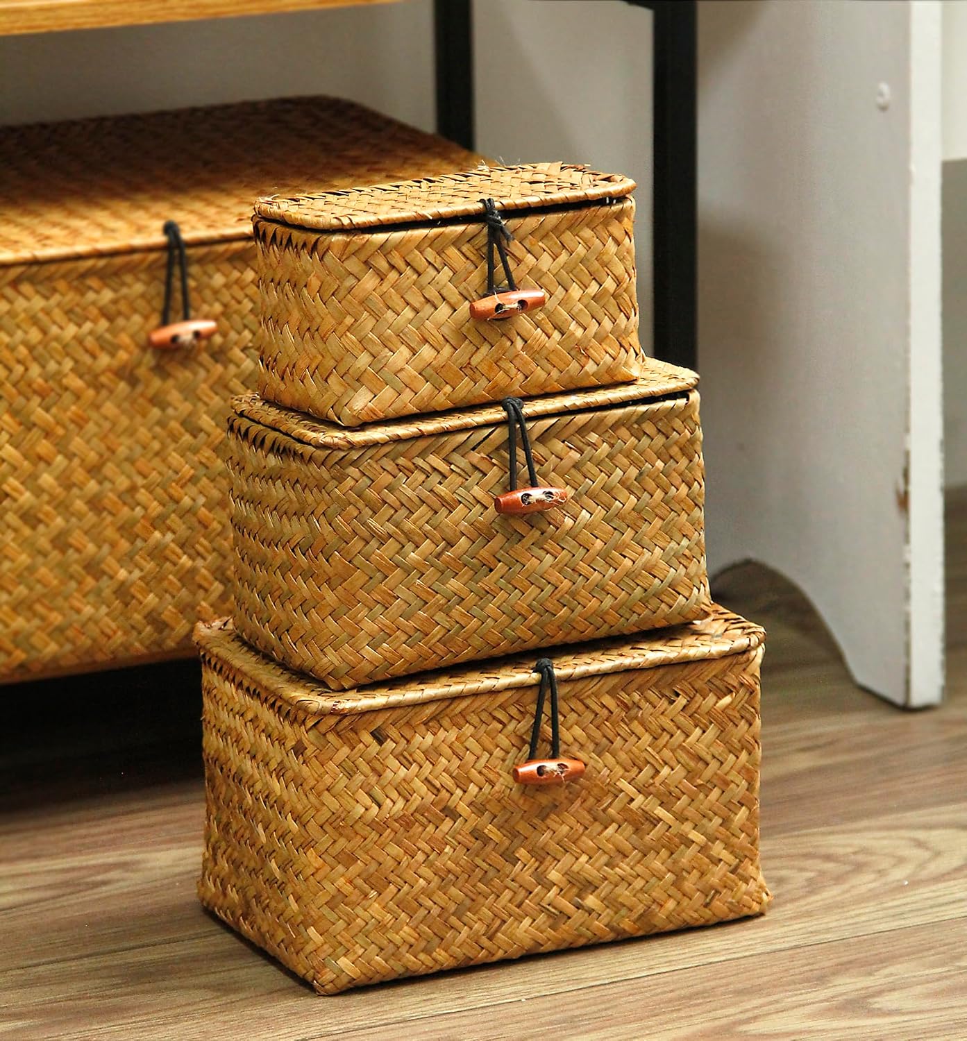 Lid Handwoven Seagrass Storage Box Wicker Basket Desktop Makeup Organizer / Original / Set of 3