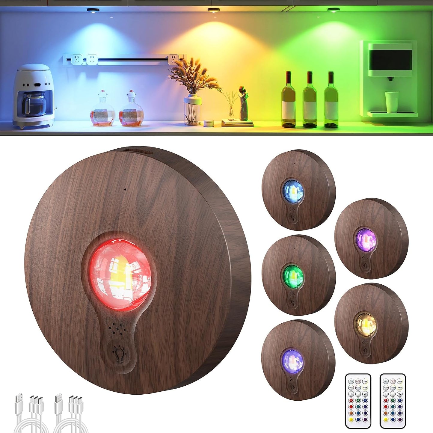 UNUSROOM Rechargeable RGB Puck Lights with Remote Control, Wireless Under Cabinet Lighting,13 Color Changing Lights
