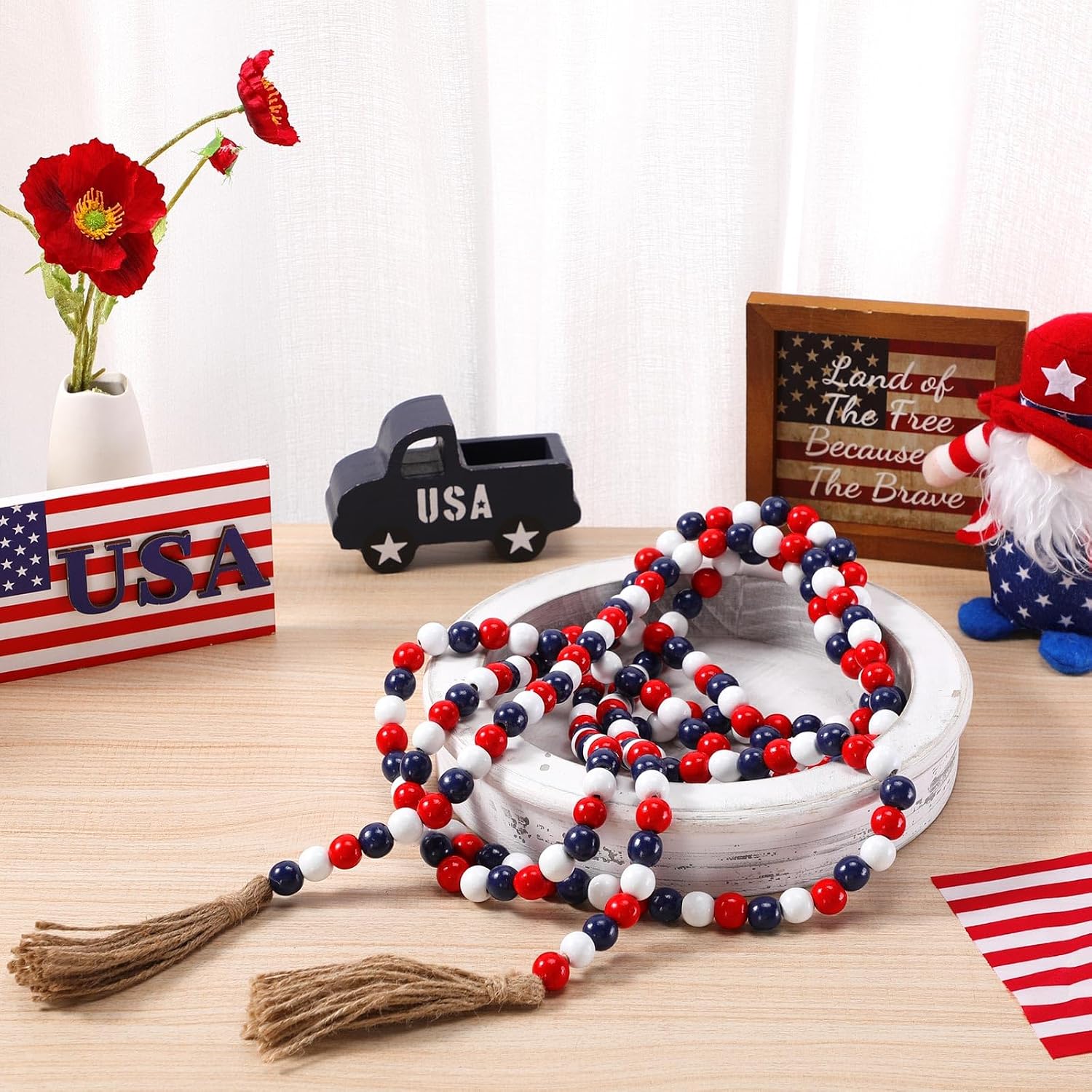 Wooden Bead Garland / Red, White, Blue