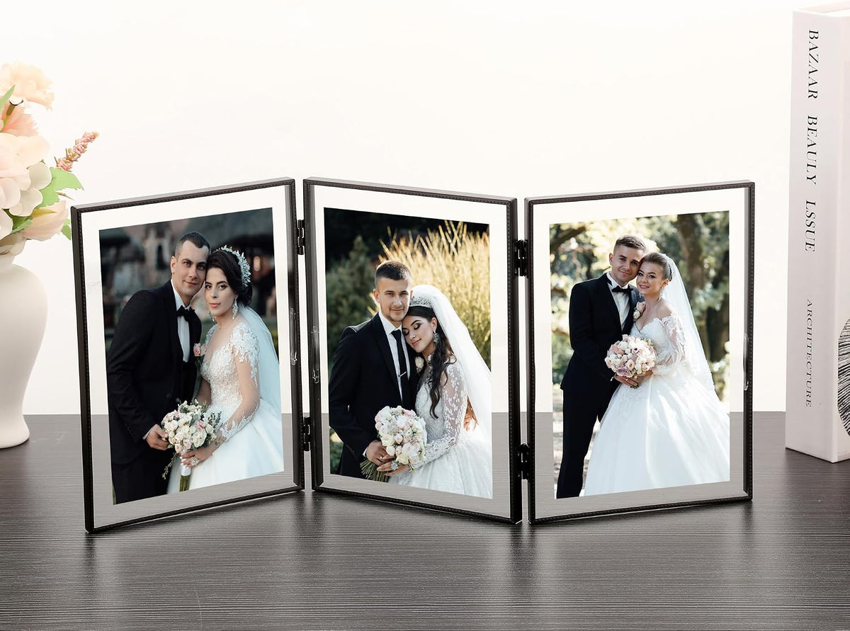 5x7 Triple Floating Frame,Metal Beaded Edge,Black | Tempered glass, adjustable tabletop/shelf photo frame, for photo