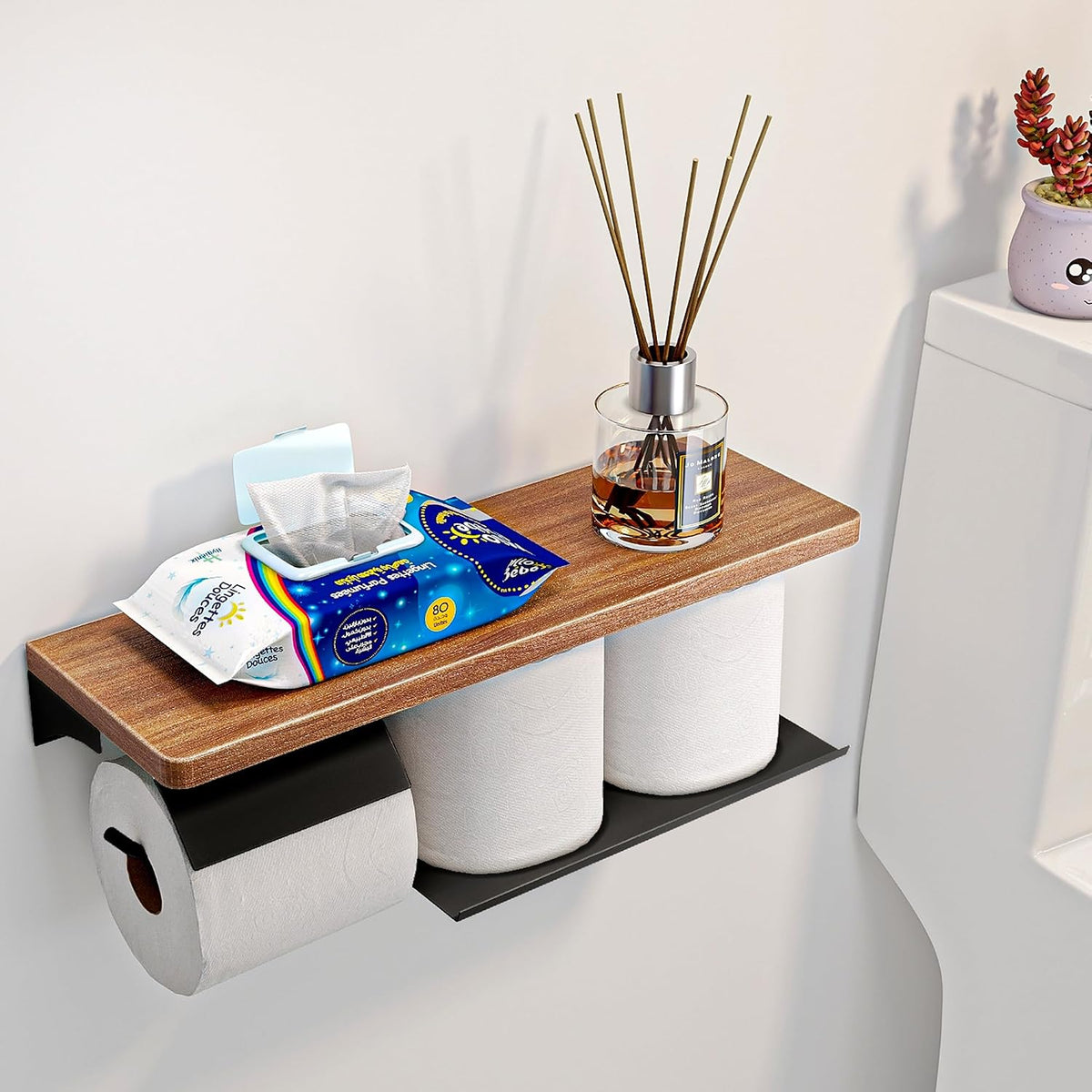 Double Toilet Paper Holder with Wide Solid Wood Shelf | 16" x 5.31" Double Roll Holder Fits Phone & Large Wipes Storage