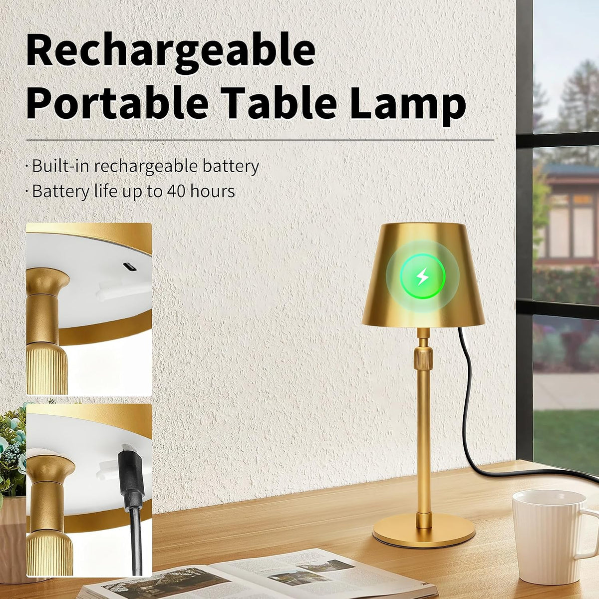 Mr.White Outdoor Waterproof Rechargeable Cordless Table Lamp with Telescopic Pole & Wicker Shade, 5200mAh Battery