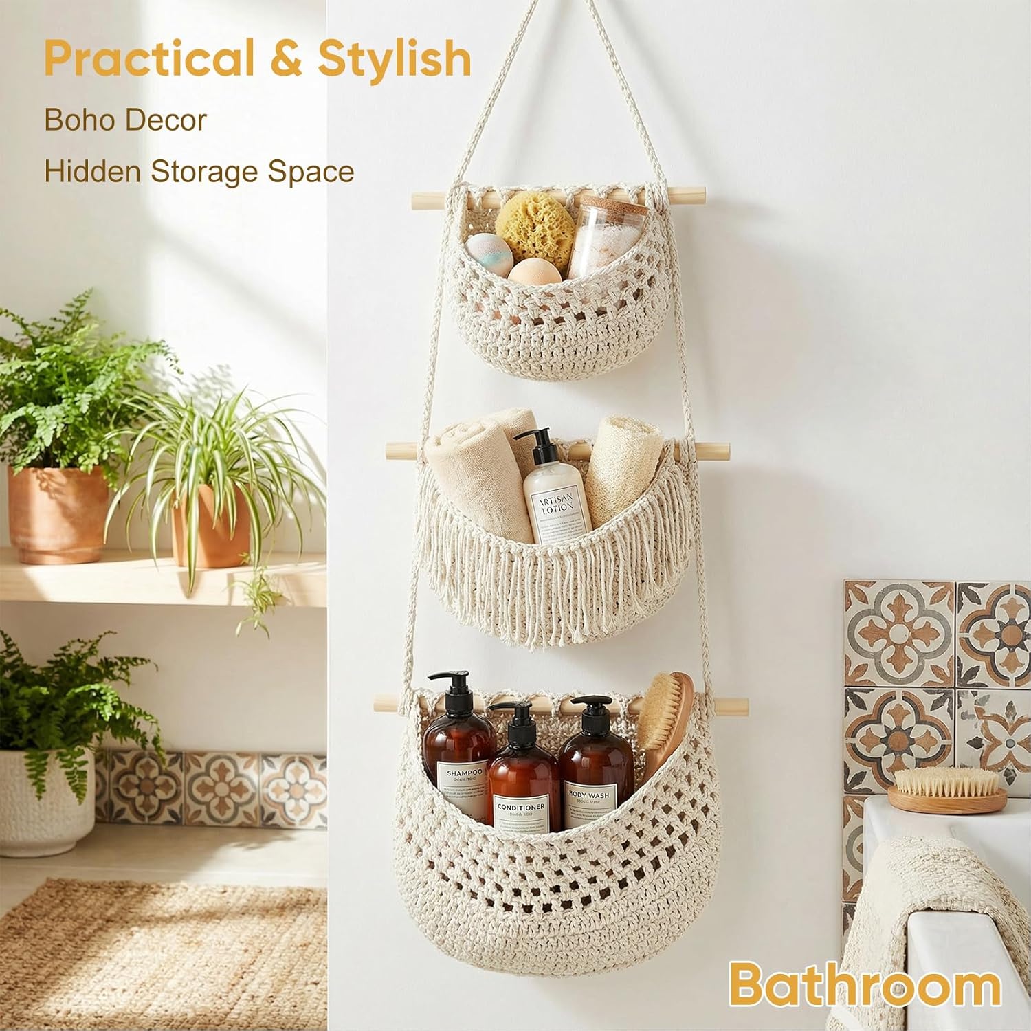 Boho Style Handwoven Rope Hanging Basket / White