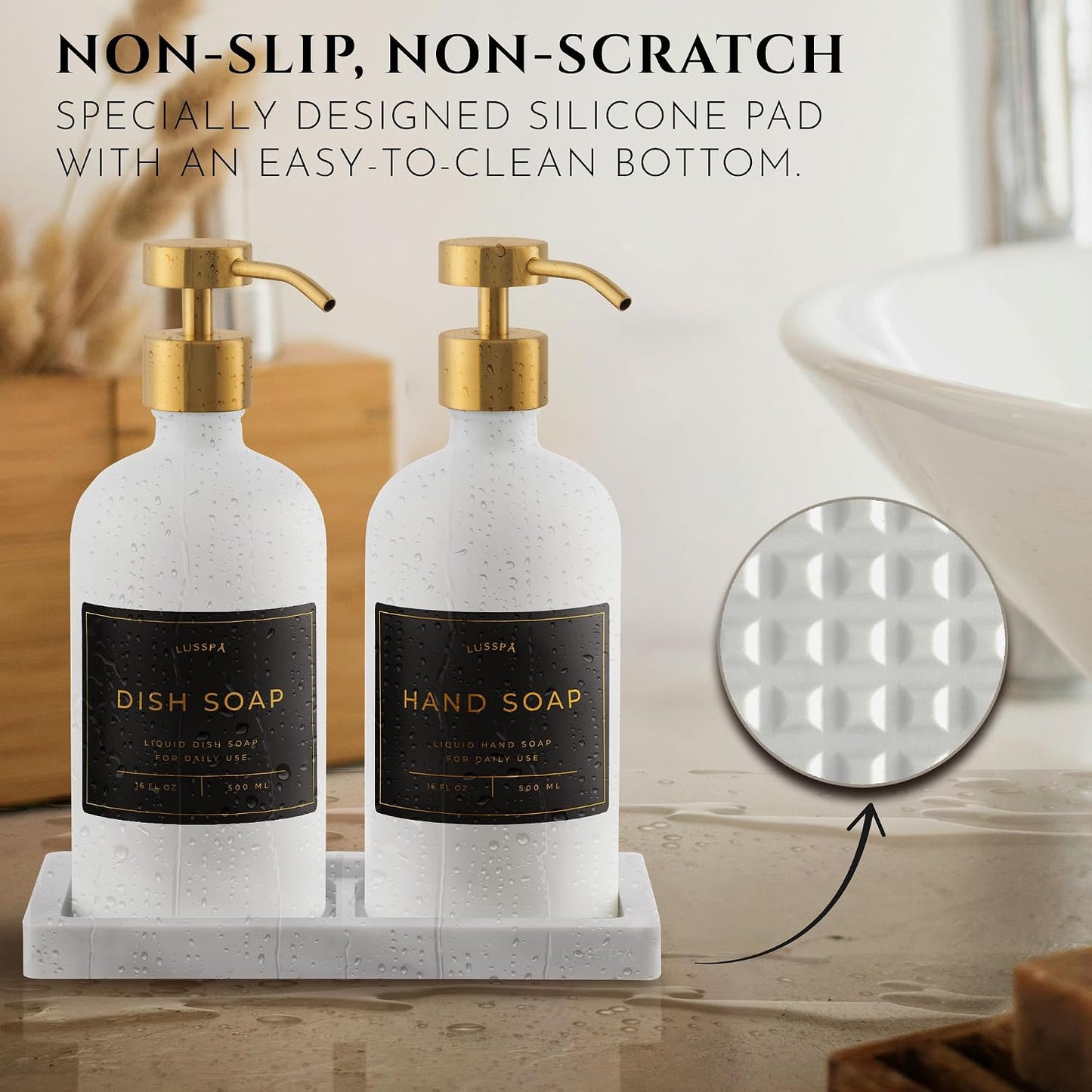 Glass Soap Dispenser Set of 2 (White) with Silicone Tray | Hand and Dish Soap Dispenser for Kitchen and Bathroom | 16.8