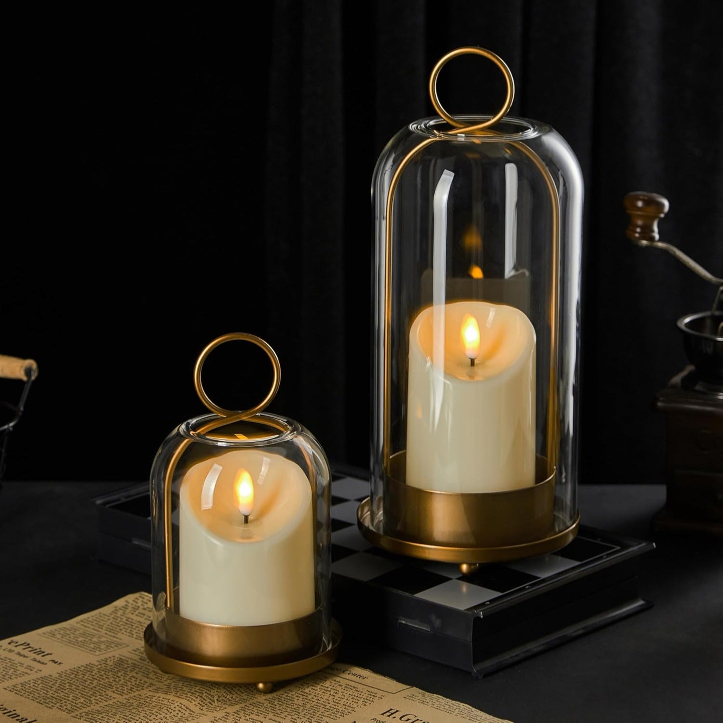 5"&4" Metal Candle Holder with Handmade Glass Dome in Brass & 2 Timer Candles, Set of 2 Versatile Hurricane Glass