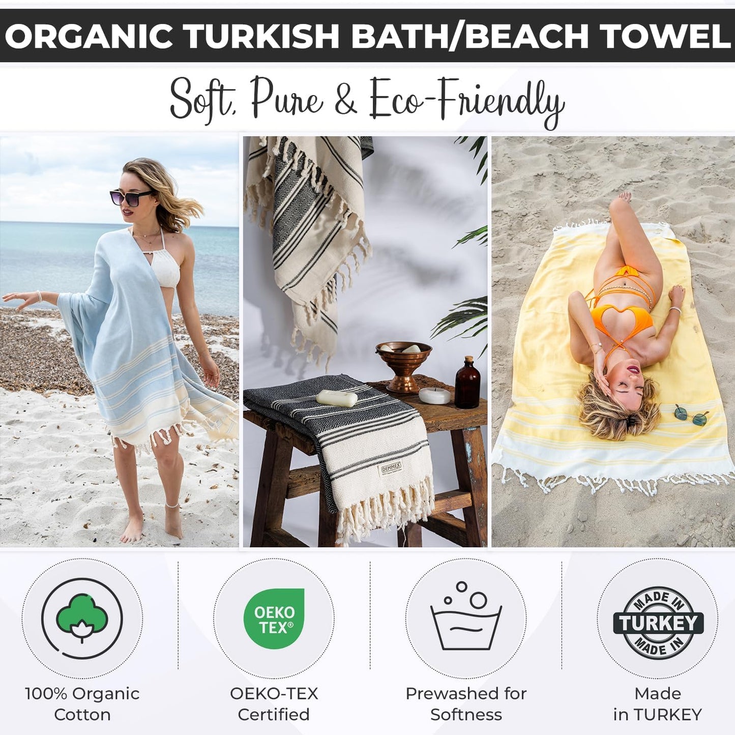 DEMMEX Organic Diamond Turkish Bath & Beach Towel | 100% Oeko-TEX Certified Turkish Cotton, Ultra-Soft, Quick-Dry