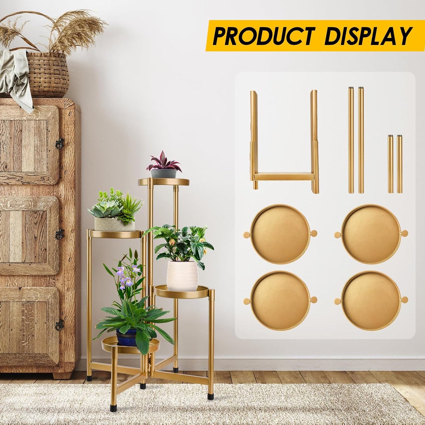 4 Tier Plant Stand Indoor Outdoor, 31 Inch Tall Metal Plant Shelf Waterproof, Plant Holder with Folding Design For