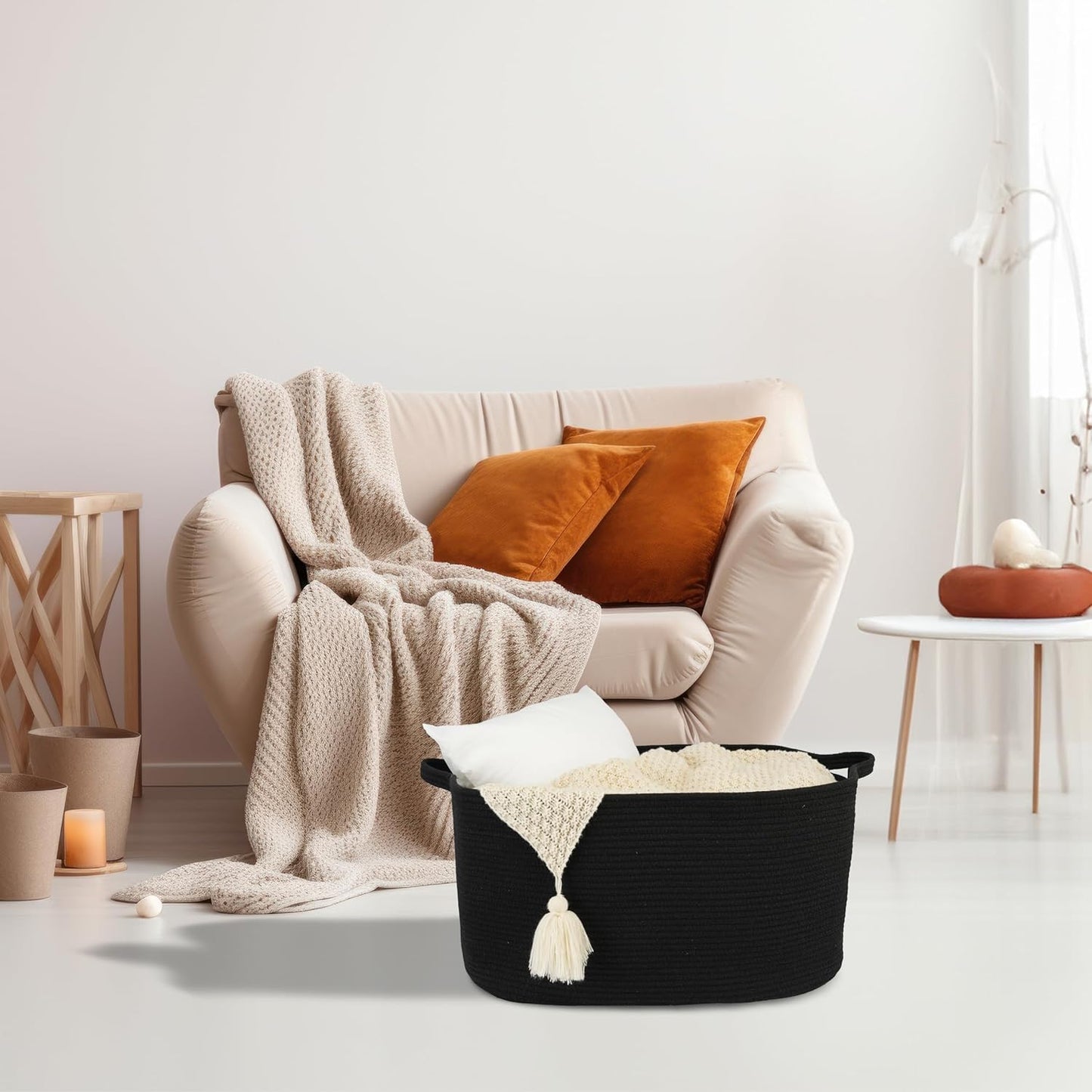 Large Rectangle Blankets Basket Living Room " Woven Cotton Rope Storage / Black / 22 x 17 x 12