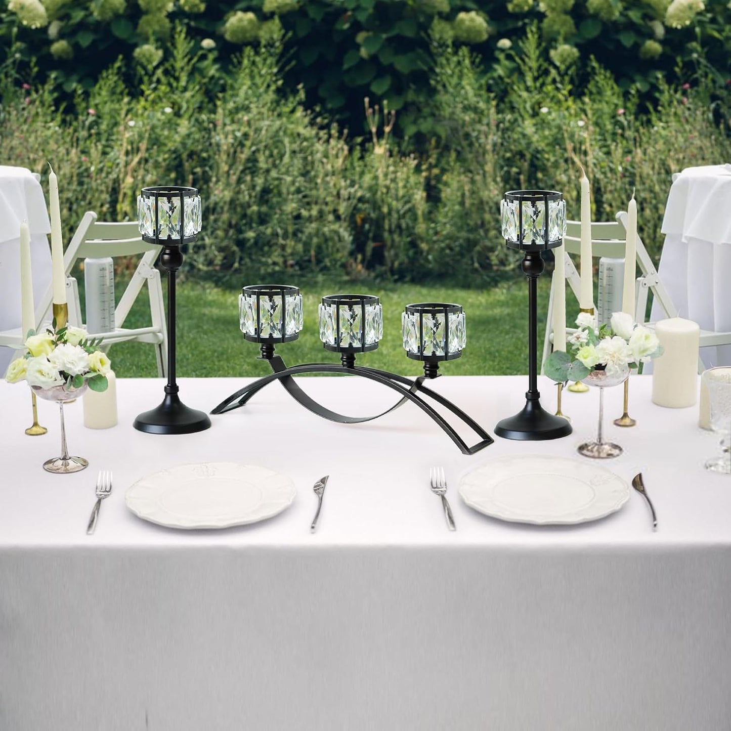 Black Set of 3 Crystal Candle Holders Arched - Elegant Tabletop Candelabra Centerpiece for Weddings, Dining Room Decor