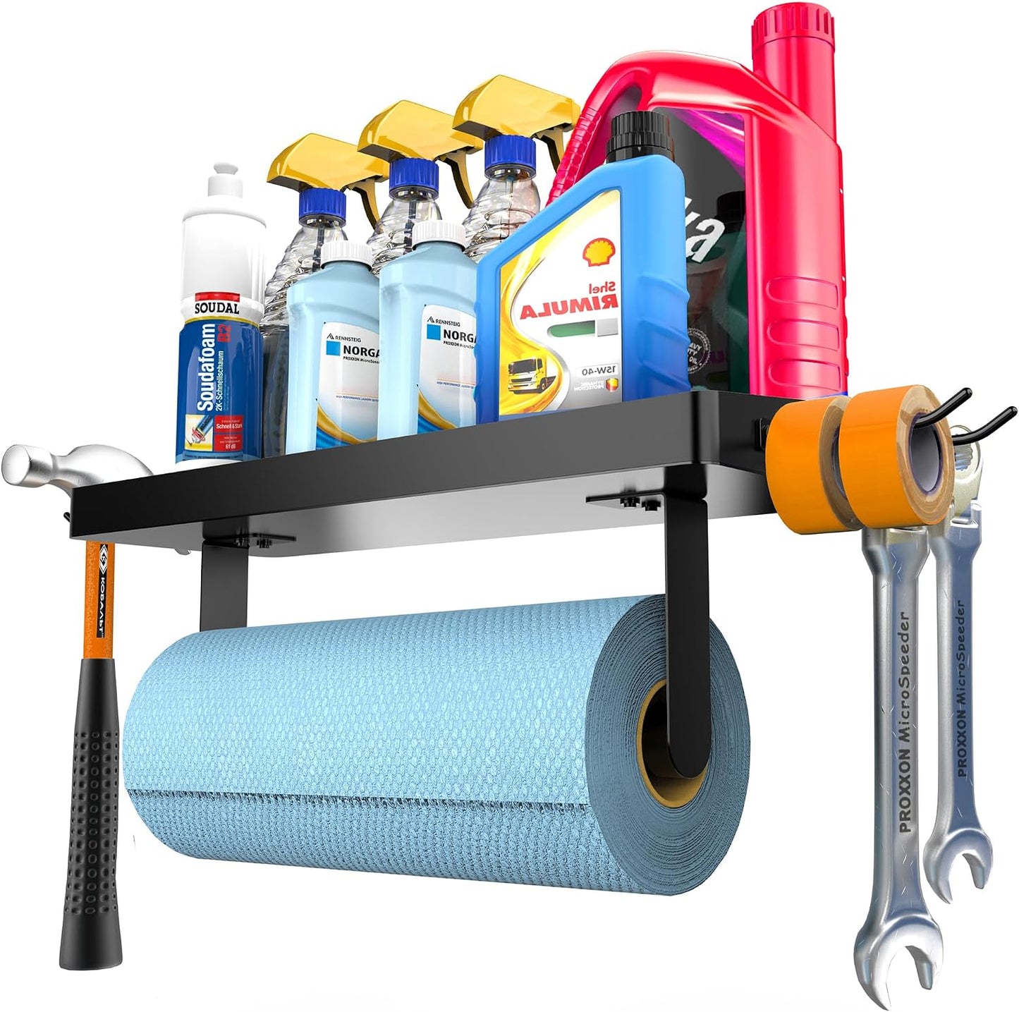ZUNTO Wall Mounted Paper Towel Holder with Shelf for Garage, Drilling | Heavy Duty, Garage Organization and Storage