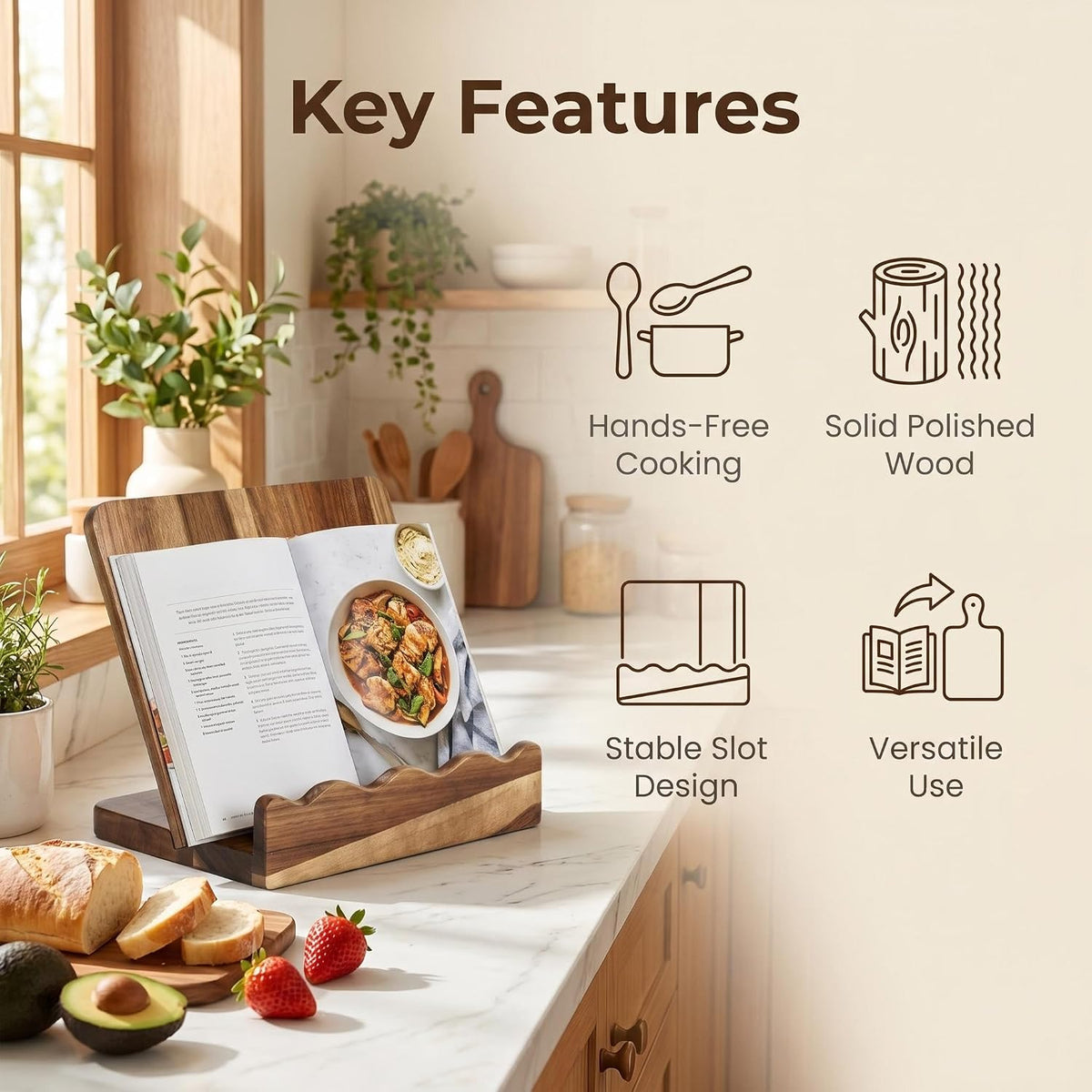 Scalloped Acacia Wood Cookbook Stand, Recipe Book Holder Keeps Pages Open | 2-in-1 Book Holder & Serving Tray，with