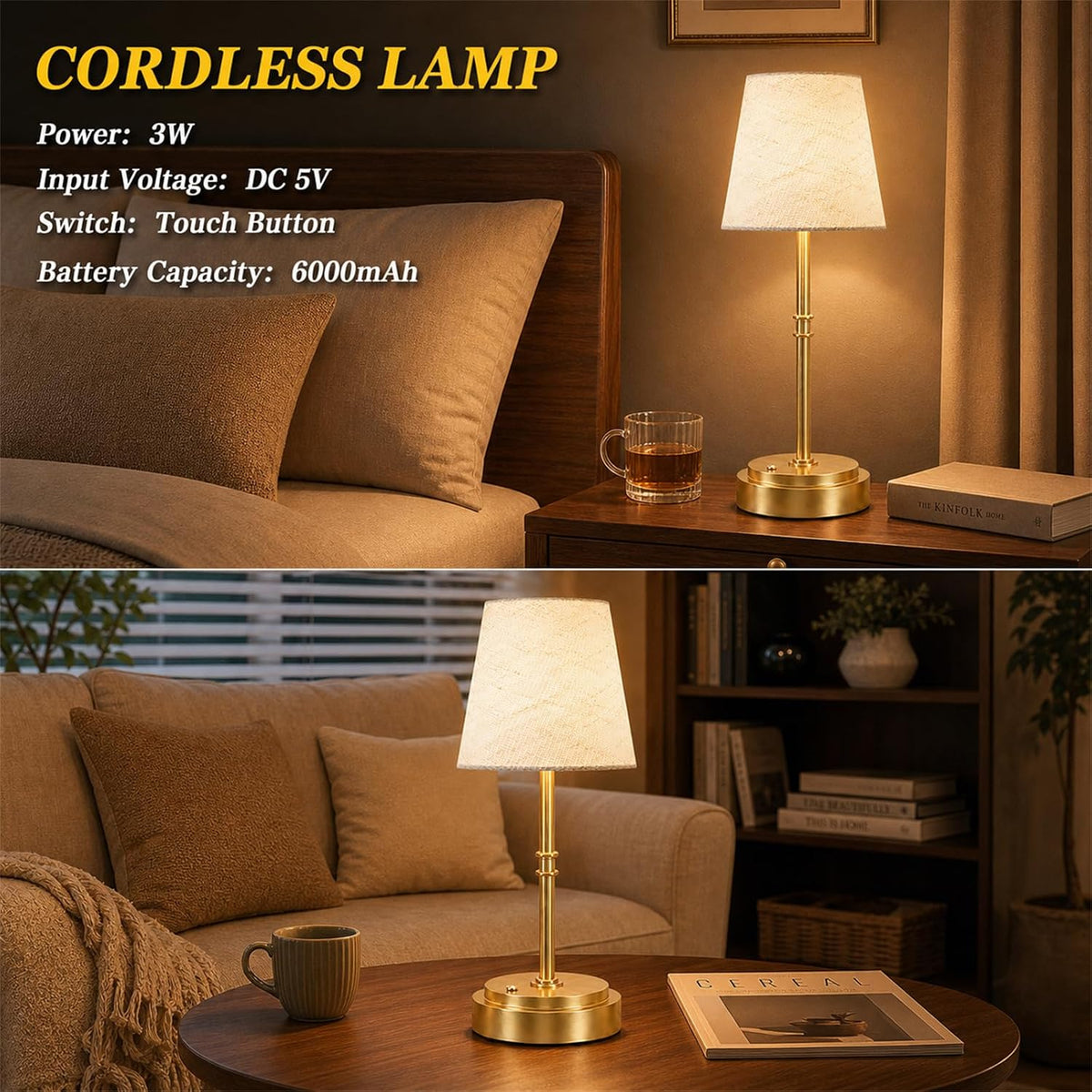 Rechargeable Cordless Table Lamp, Battery Operated Bedside Lamp, Gold | 6000mAh, 4H charge, 12-36H runtime, 2500K warm