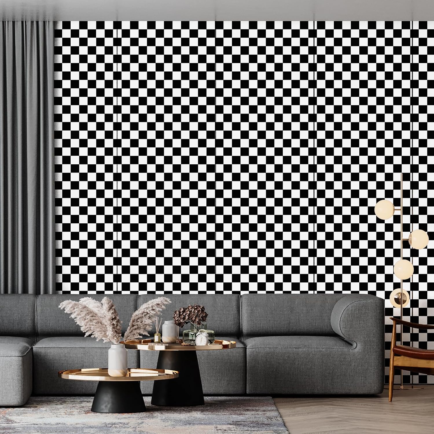 White Checkered Flag Contact Paper Checkerboard Peel / 17.3 x 480 / Checker / Black / Set of 17