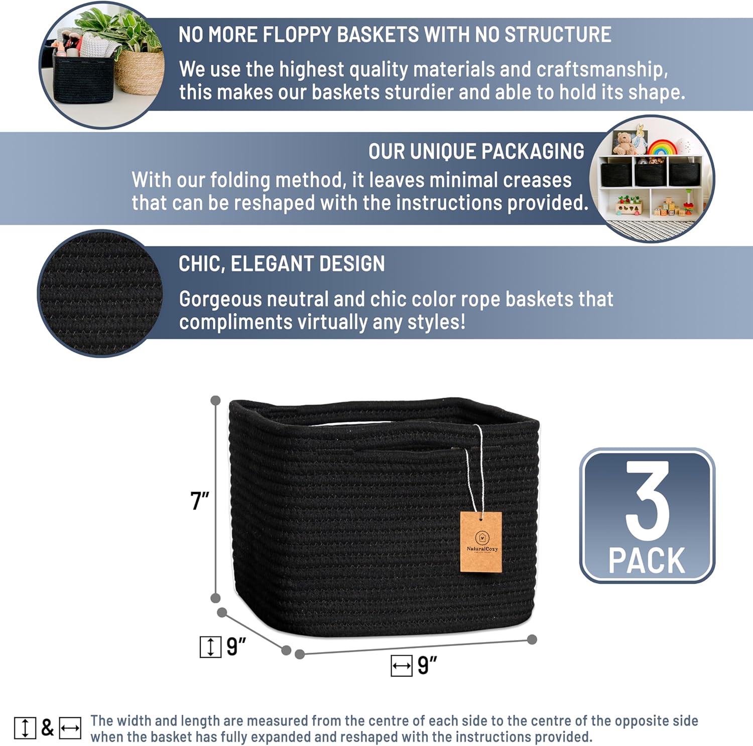 Storage Cubes "Cotton Rope Woven Baskets for Organizing / Black / 9 x 9 x 7 / Set of 3