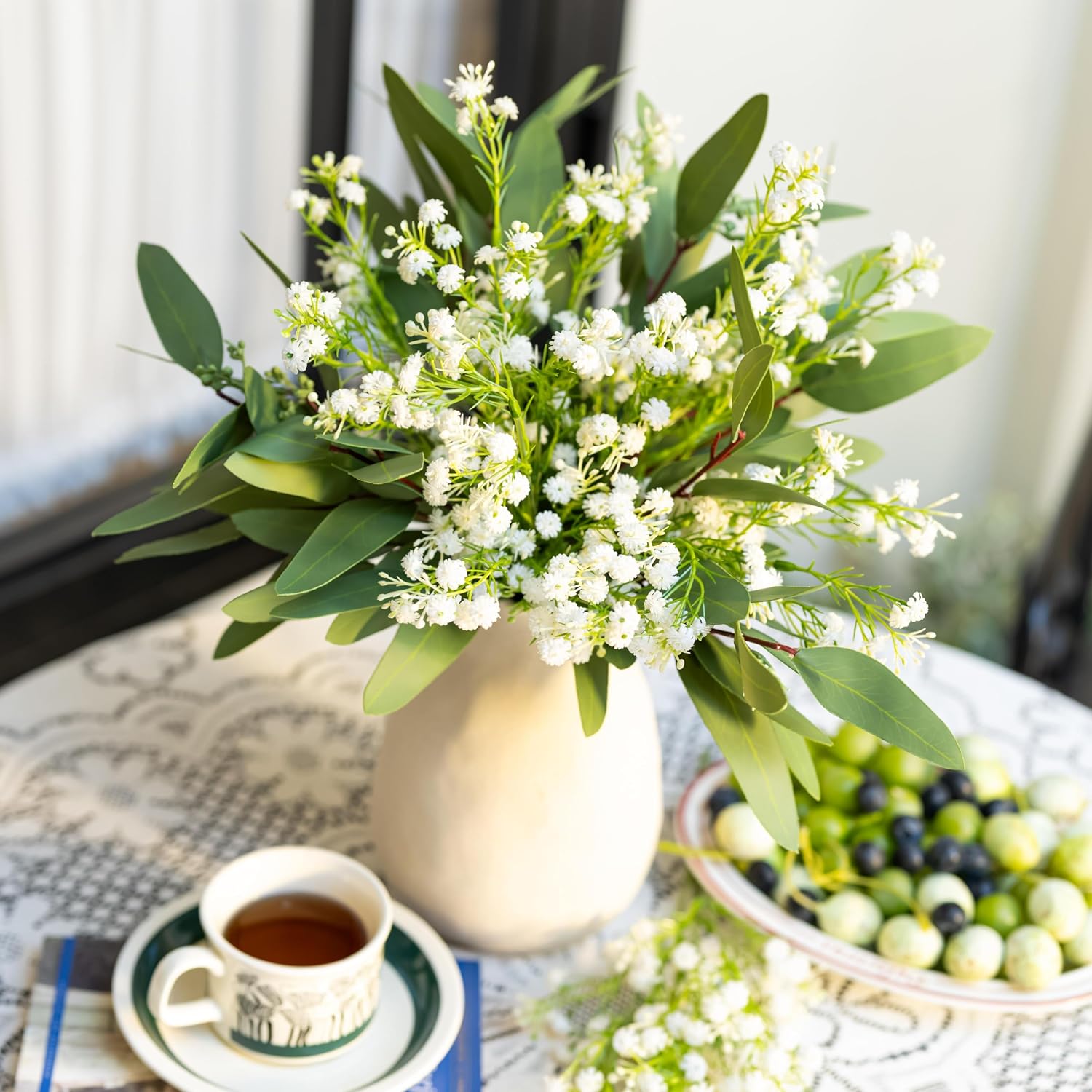 Baby’s Breath Artificial Flowers and Mixed Fake Eucalyptus Stems- Real Touch Faux Gypsophila Picks