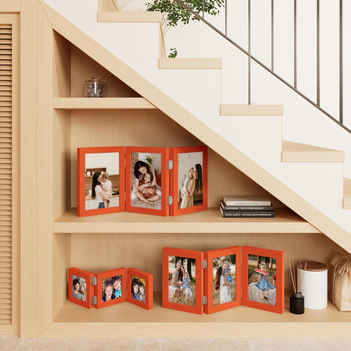 decorUhome Orange Triple 6x4 Picture Frame Horizontal, MDOR08 | "Z" Shape Folding Design Engineered Wood Trifold Photo