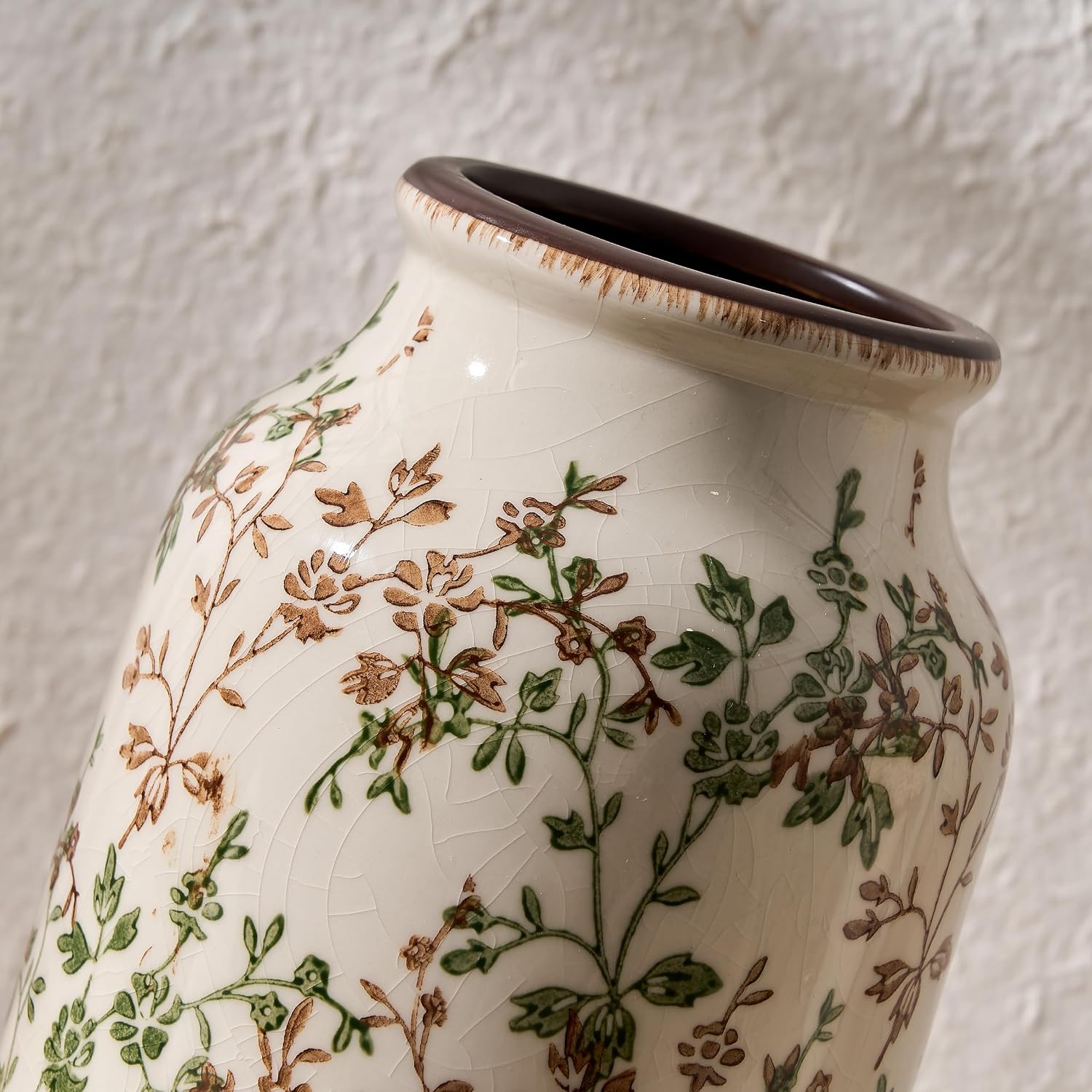 Ceramic Vintage Pastoral Vase / 18049-green and Brown Floral / 8.78 Inch