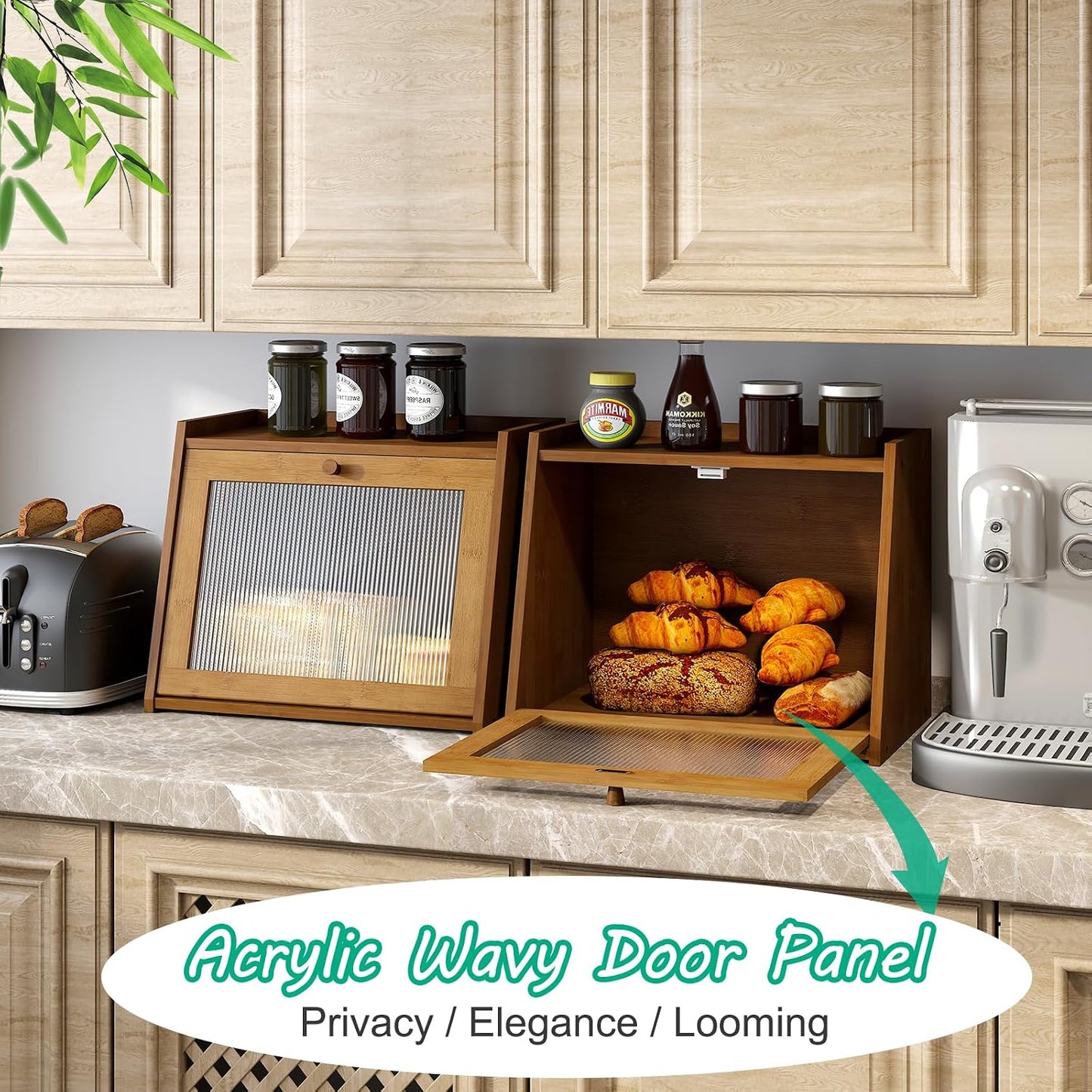 kiplant Large Bread Box for Kitchen Counter, Brown Bamboo Bread Storage Container with Wavy Arcylic Transparent Door