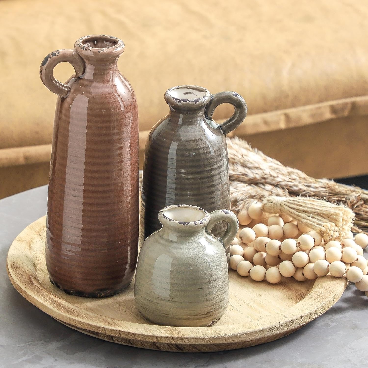Ceramic Vases / Neutral Rustic Farmhouse Vase / 010 Vase Set with Handle - Brown / Set of 3