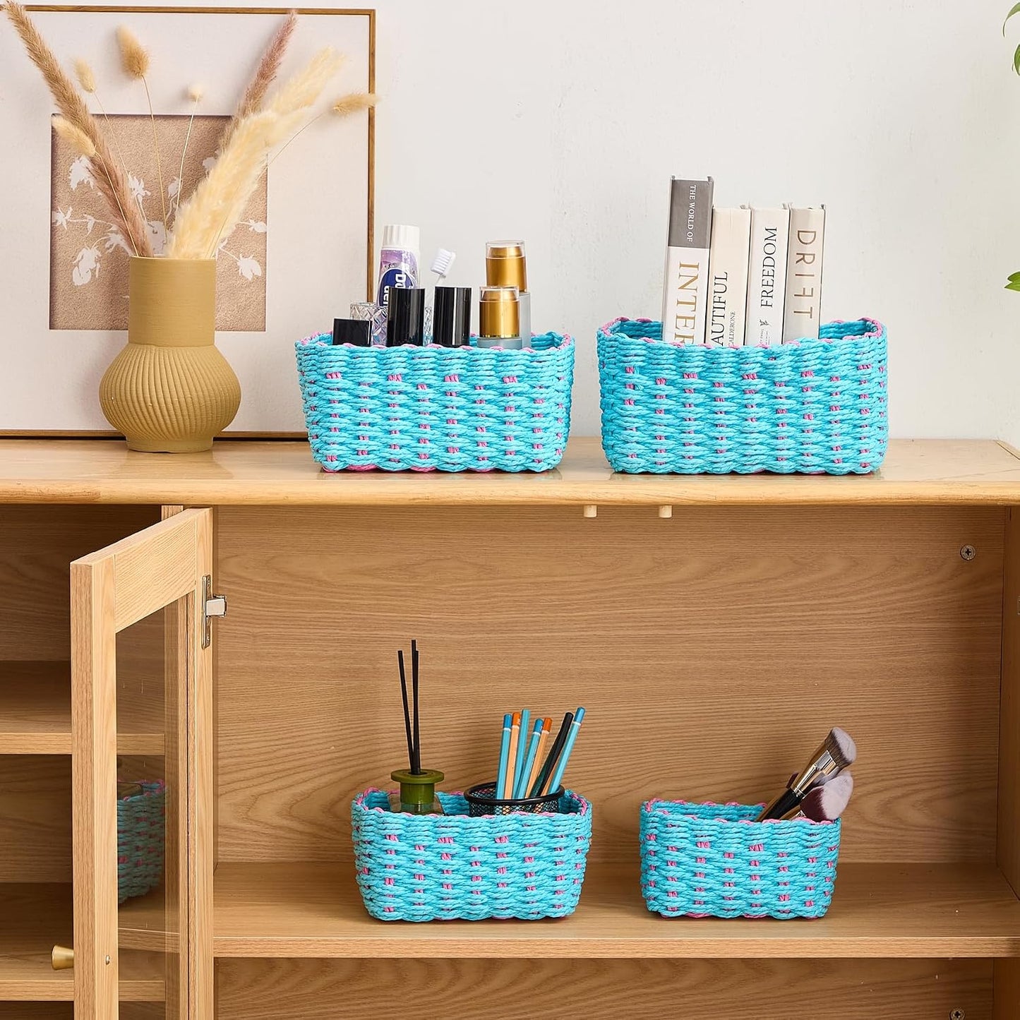 Woven Storage Baskets Set / Blue & Pink / Set of 4