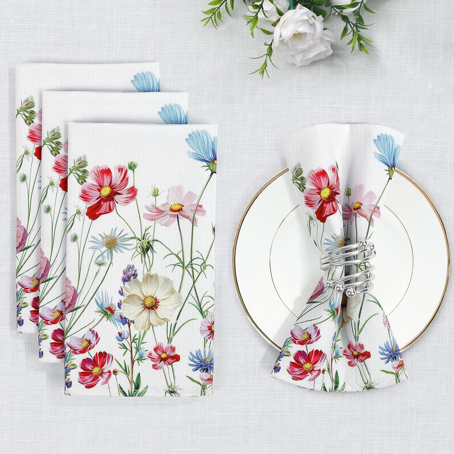 Wildflower Butterfly Cotton Cloth Napkins, 18×18 in, Set of 12 | Washable Cotton Dinner Napkins with Wildflower