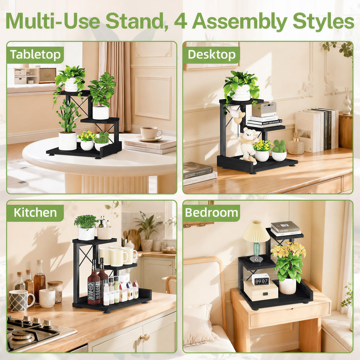 iDavosic.ly Table Top Small Plant Stand, Succulent Holder for Desk, Black | 3 Tier Flower Pot Shelf for Desktop, Space