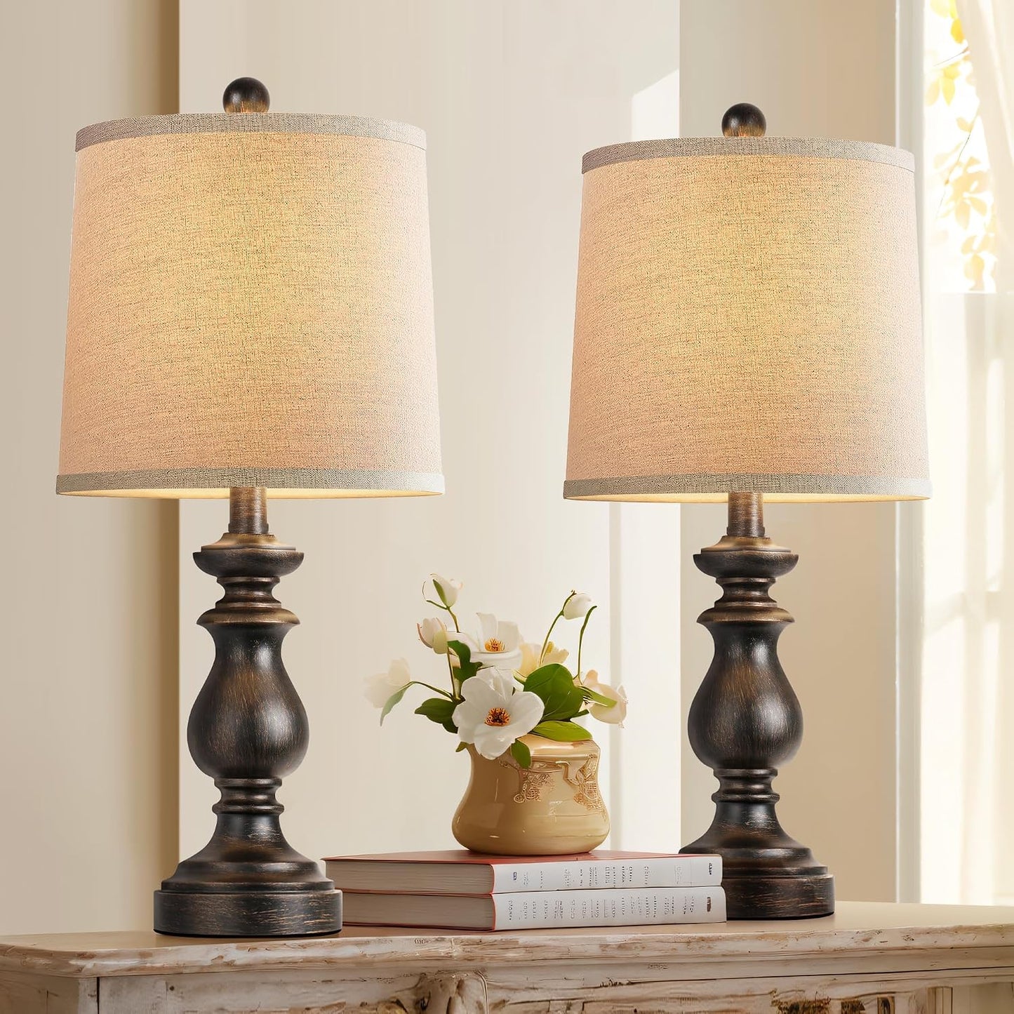 PARTPHONER Traditional Table Lamp Set of 2, Rustic Farmhouse Table Lamps for Living Room Bedroom, 22" Bedside Desk