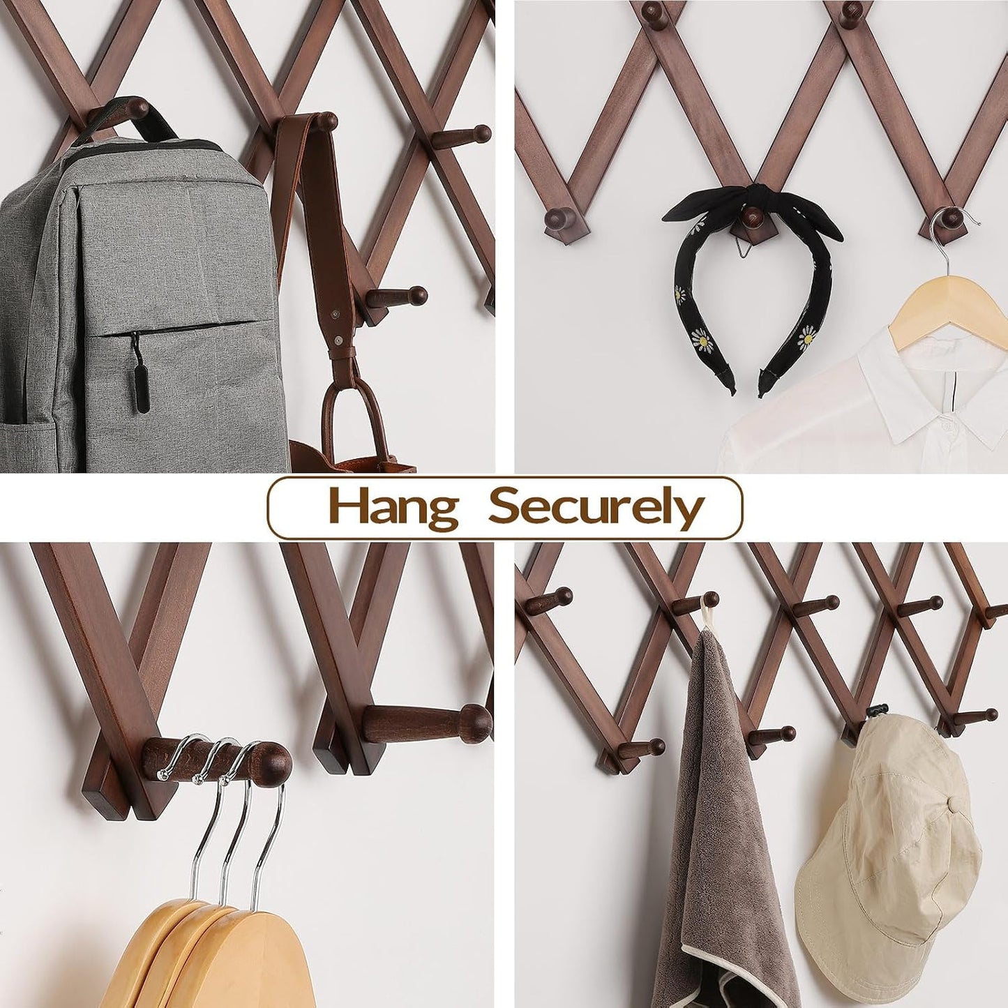 SCUNDA Hat Rack for Wall, Expandable Wall Hat Holder with 16 Hooks, 16 inch Wooden Wall Hook for Baseball Caps,Cowboy