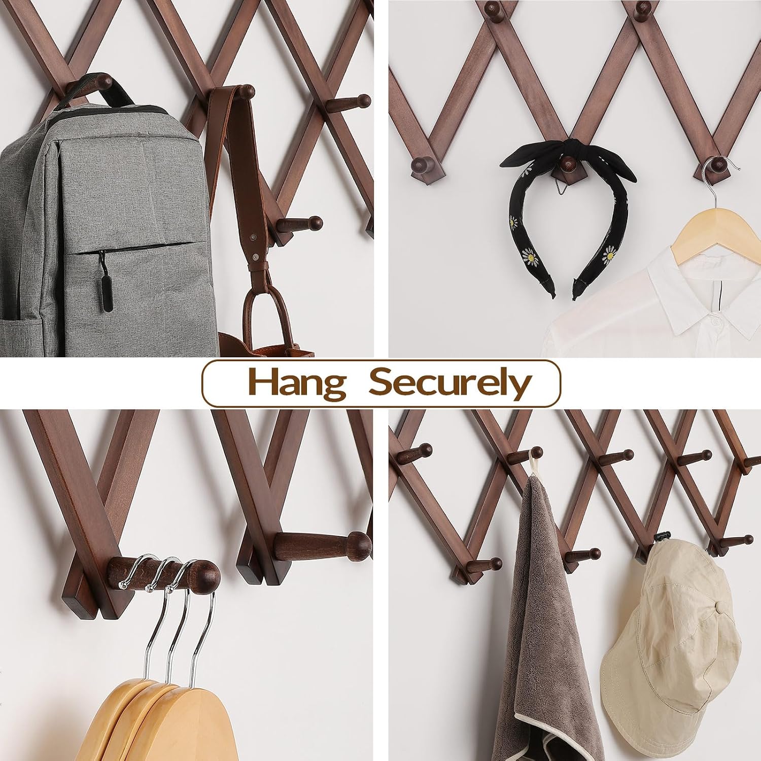 SCUNDA Hat Rack for Wall, Expandable Wall Hat Holder with 16 Hooks, 16 inch Wooden Wall Hook for Baseball Caps,Cowboy