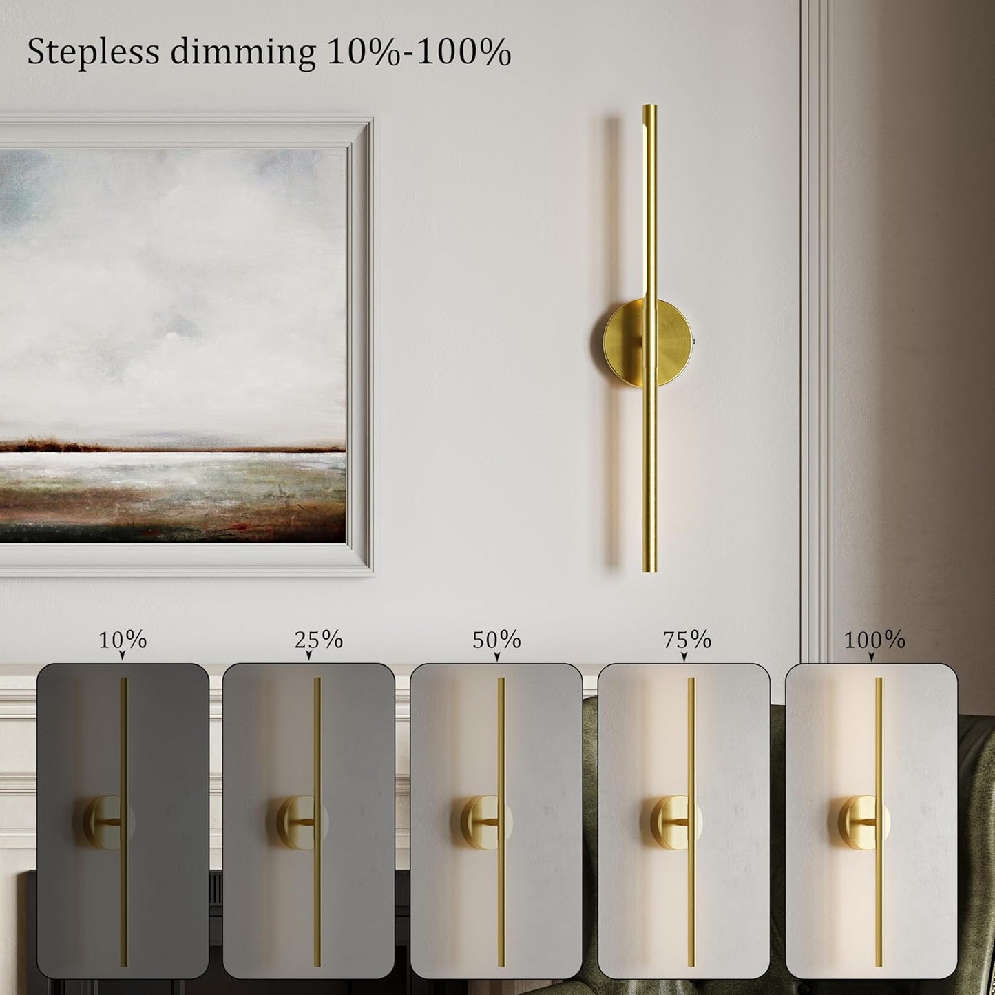 24" Battery Operated Wall Sconce Set of 2, 350° Rotating Lamp, Gold | Wireless, 8000mAh Rechargeable Battery, Stepless