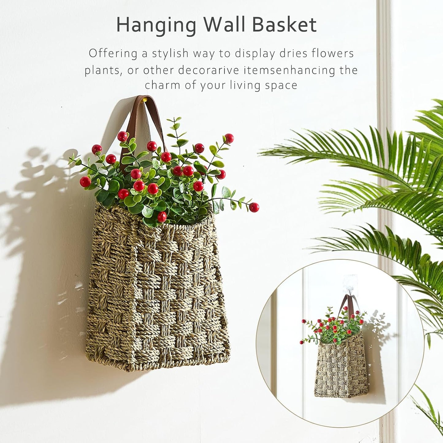 Wall Hanging Pocket Basket Portable Storage Basket Decorative Boho Mounted Organizer / Seagrass