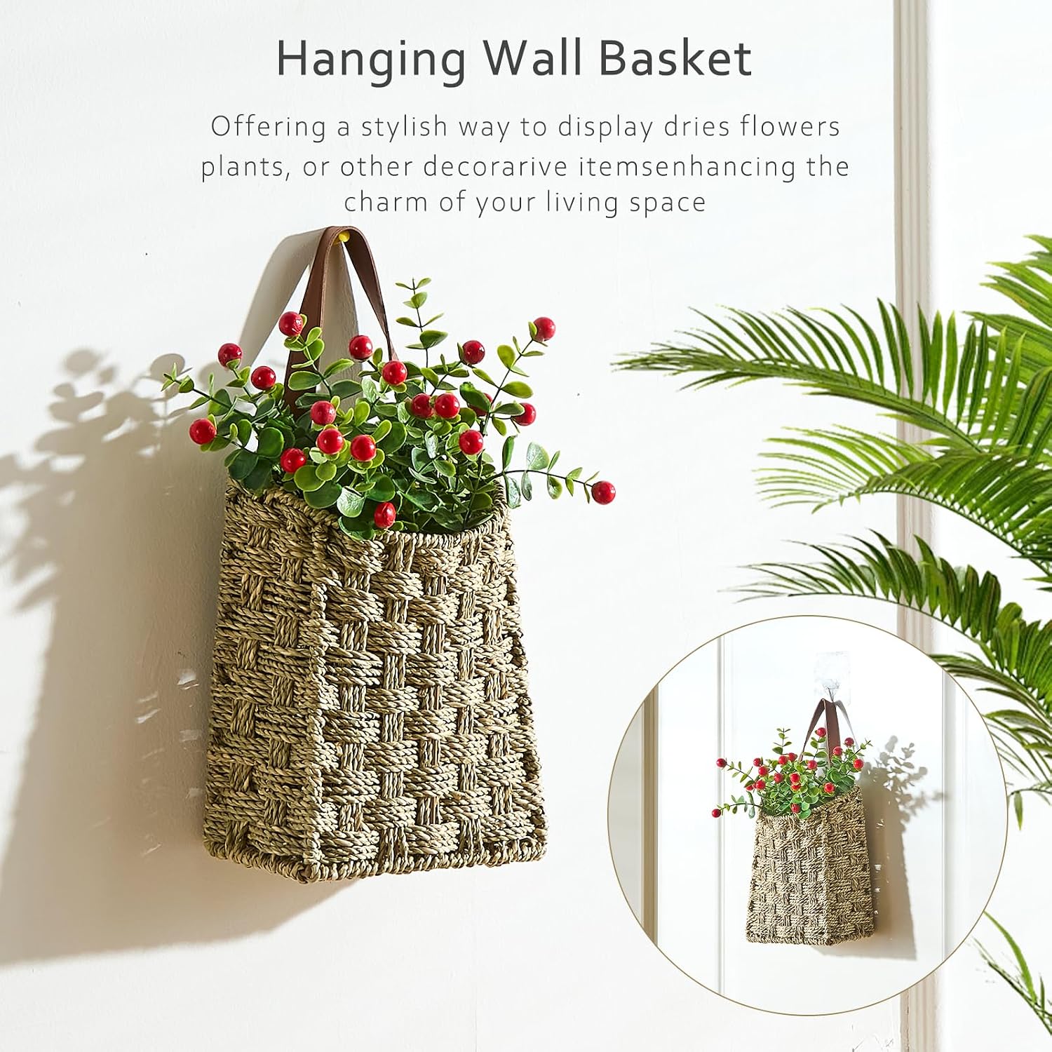 Wall Hanging Pocket Basket Portable Storage Basket Decorative Boho Mounted Organizer / Seagrass