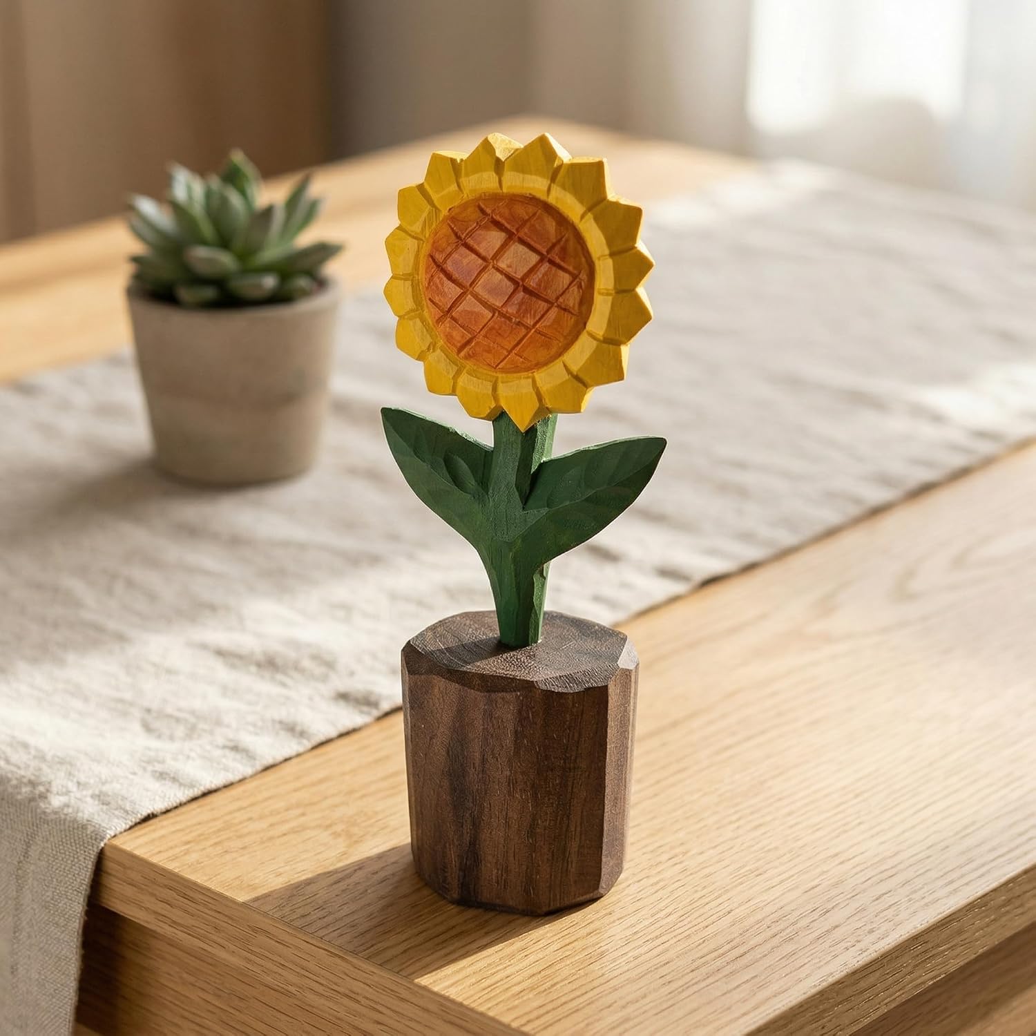 Hand-Carved Wooden Sunflower Figurine / Yellow Sunflower