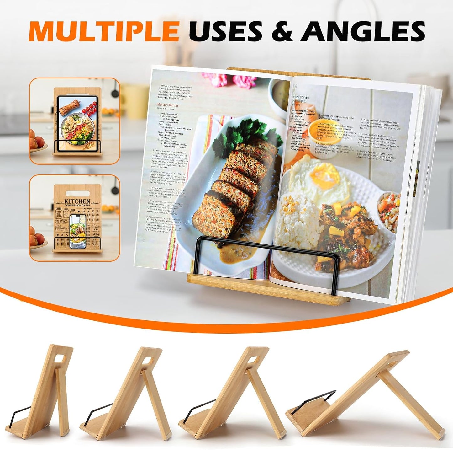 Bamboo Cookbook Stand for Kitchen Counter, Adjustable Recipe Book Holder | Cookbook Holder with Measurement Conversion