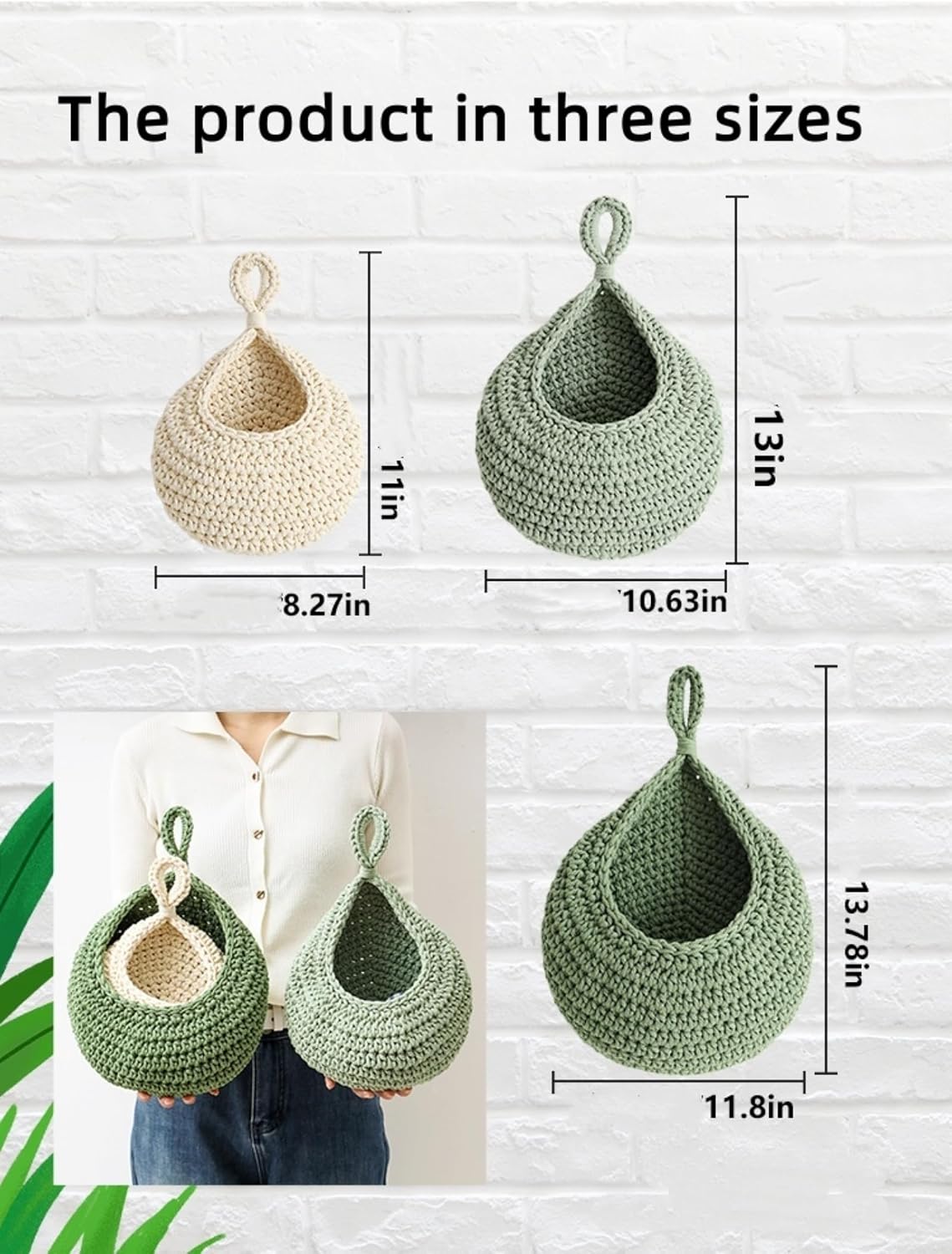 Boho hand-woven hanging linen basket / Set of 3