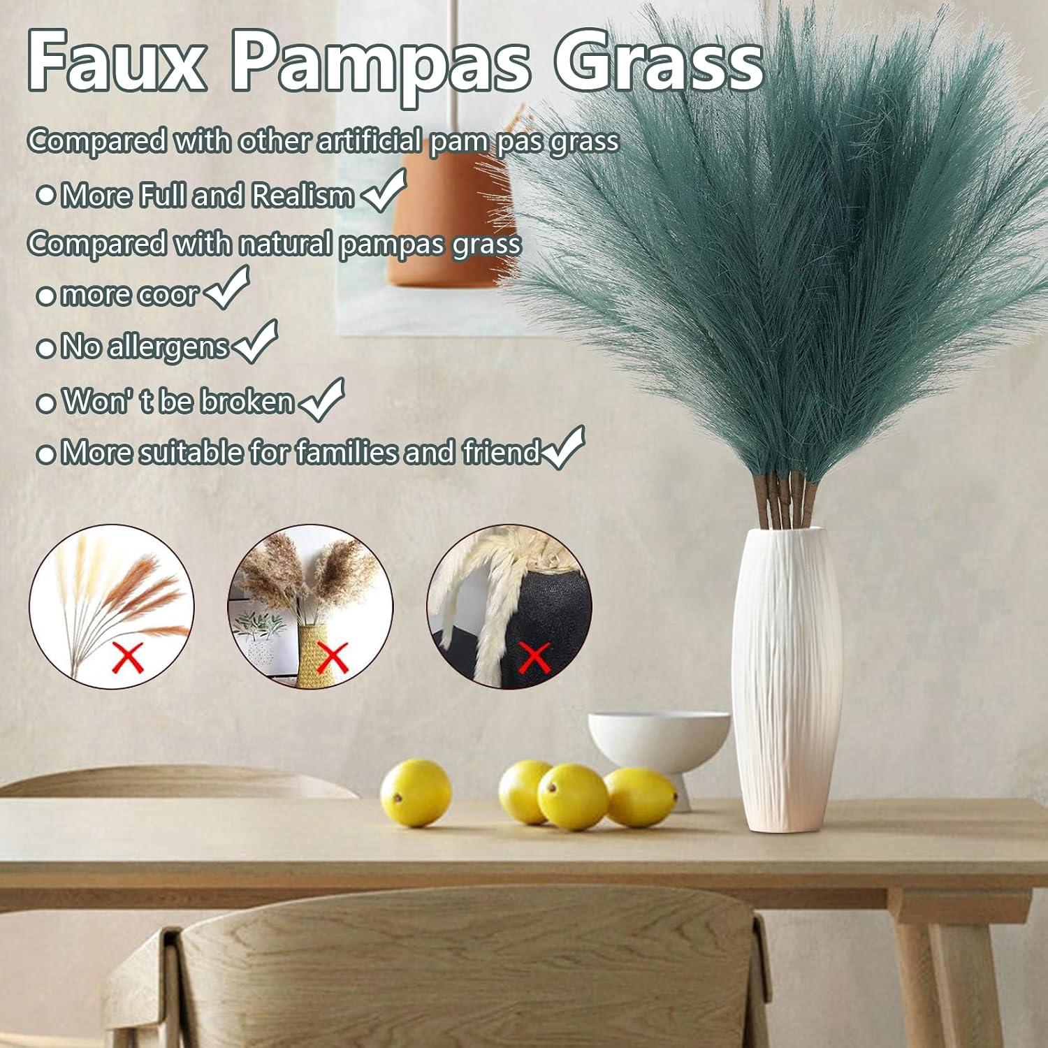 Detachable Faux Bulrush Reed Green Grass for Tall Vase Filler / Deep Green 2 / Set of 5