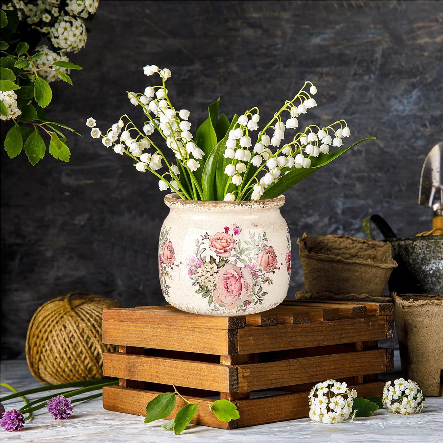 Vintage Planter Large Ceramic Plants Pot Ice Crack Cottage Scroll Vase / European Rose / Beige Pink