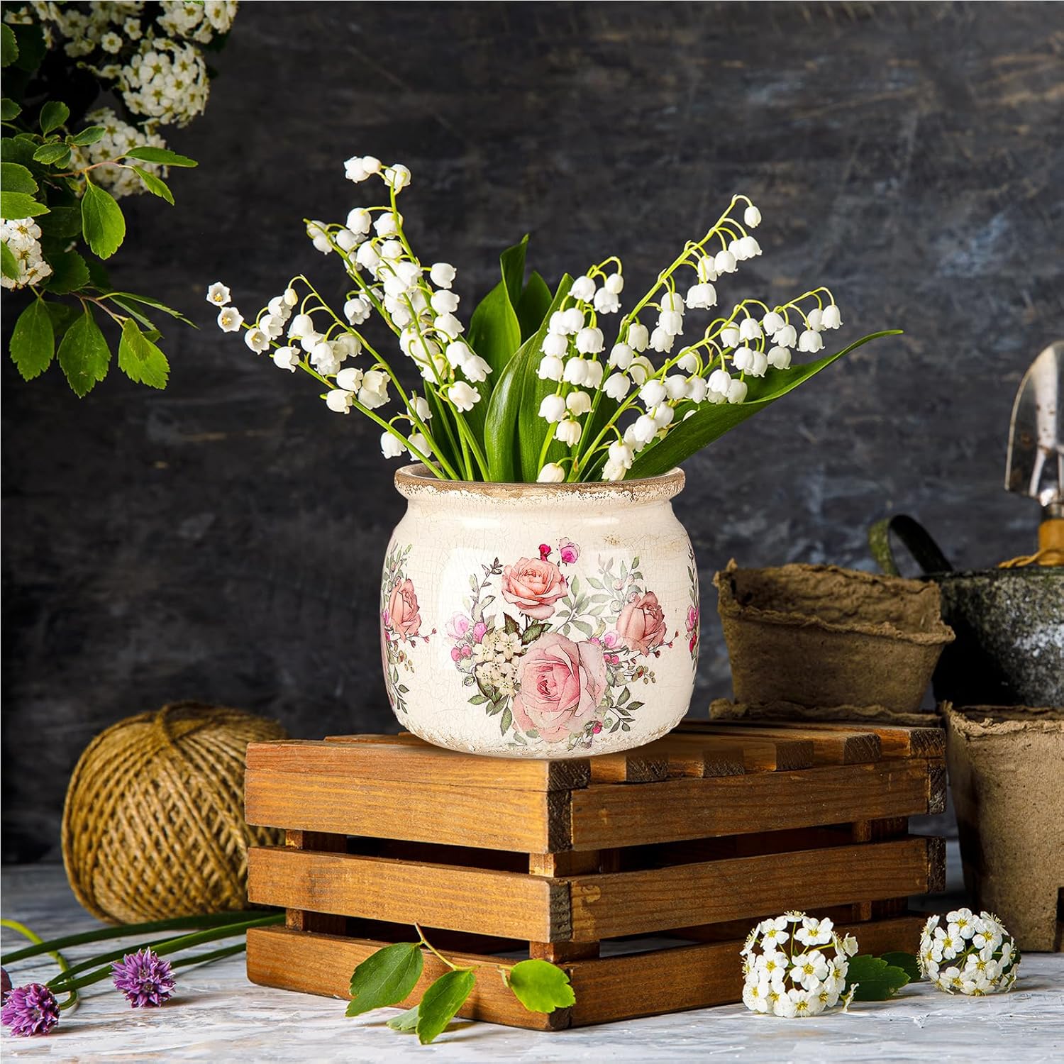 Vintage Planter Large Ceramic Plants Pot Ice Crack Cottage Scroll Vase / European Rose / Beige Pink