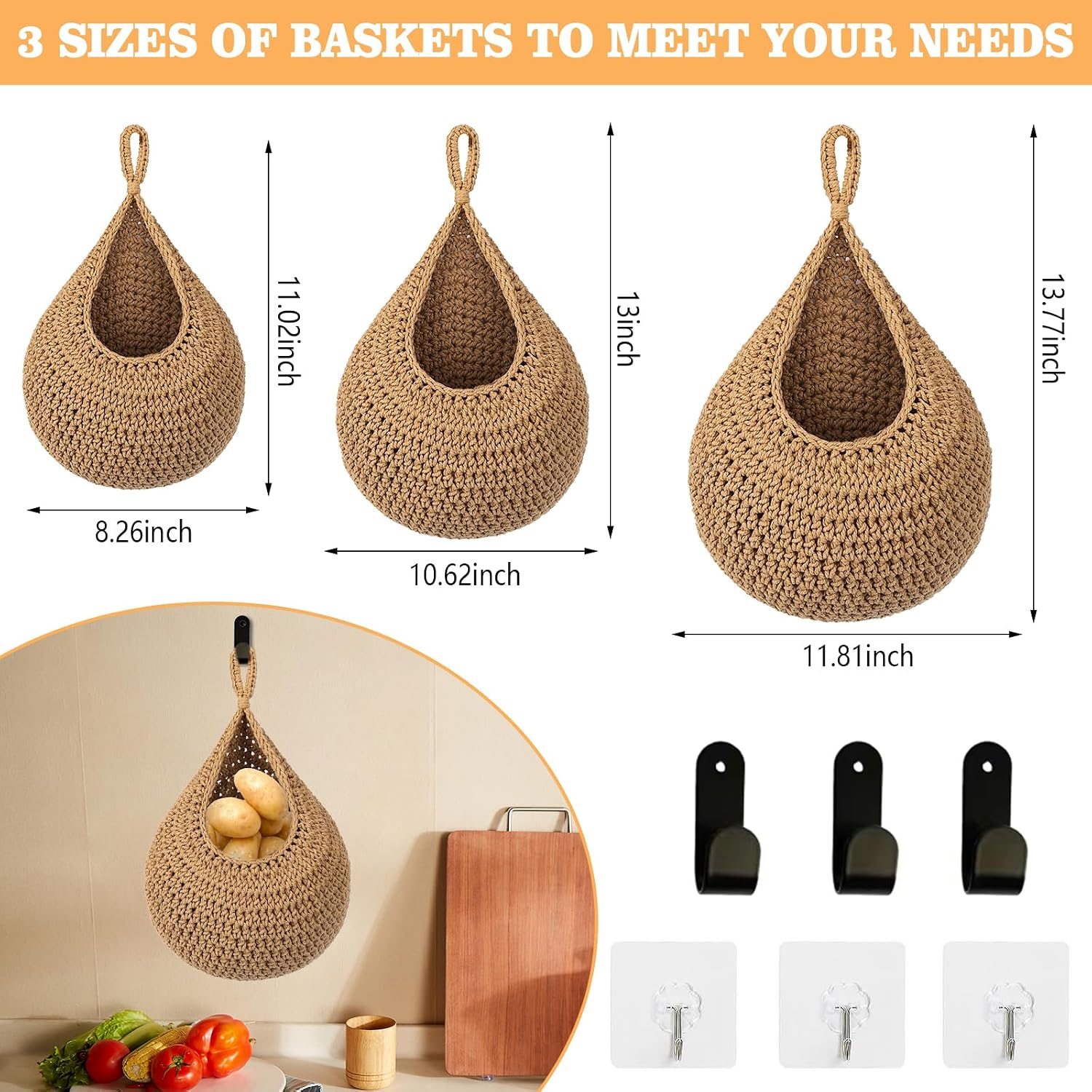 Boho Hanging Fruit Baskets / Brown / Set of 3