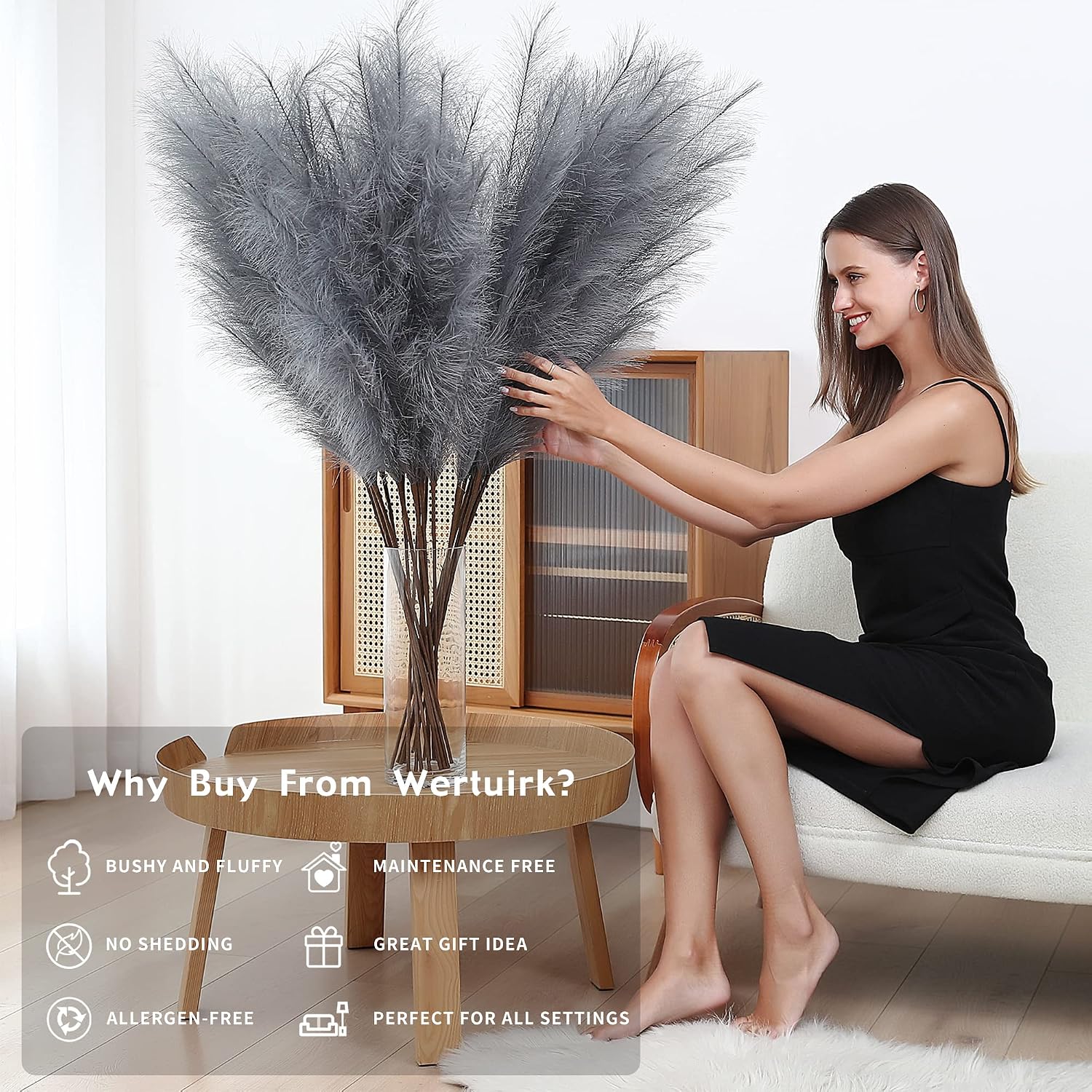 Tall Faux Pampas Grass Decor / Grey / 45 Inch / Set of 8