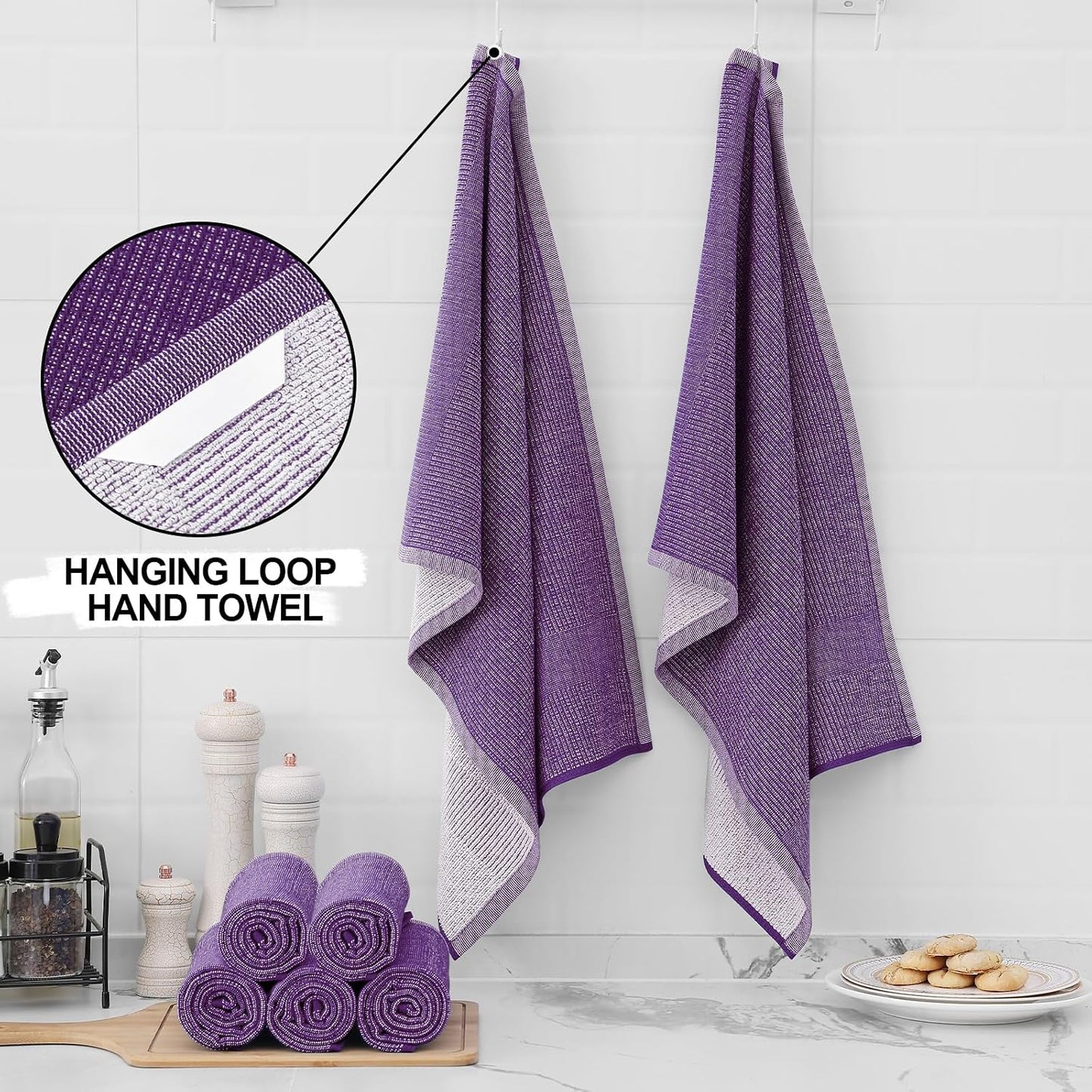 Homaxy 380 GSM Cotton Premium Kitchen Towels 6 Pack, 18"x 28", Purple | Flat and Terry Dish Towels, Highly Absorbent