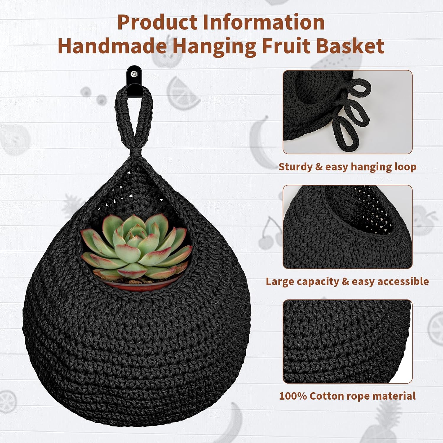 Boho Decor Hanging Fruit Baskets / Black / Cotton Rope-a / Set of 3