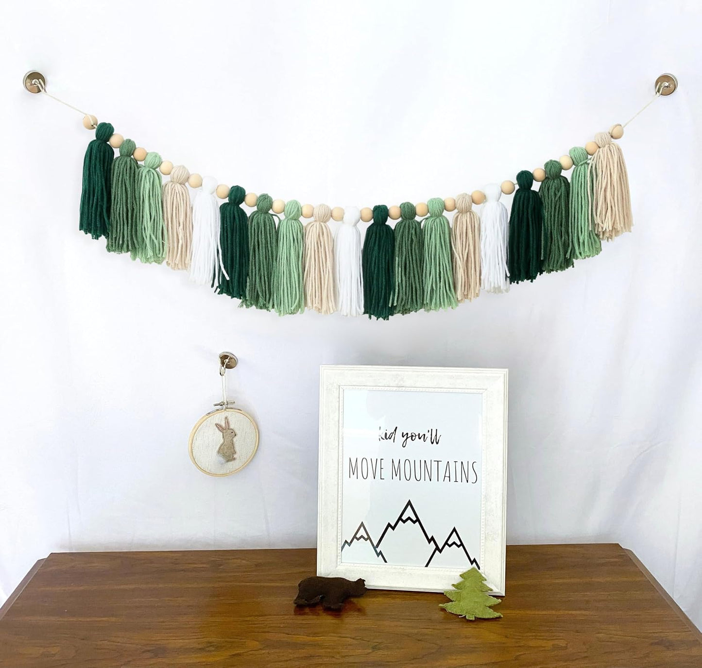 Green Tassel Wood Bead Garland Wall Hanging In Home Decor For Nursery Kids Bedroom / Green Banner