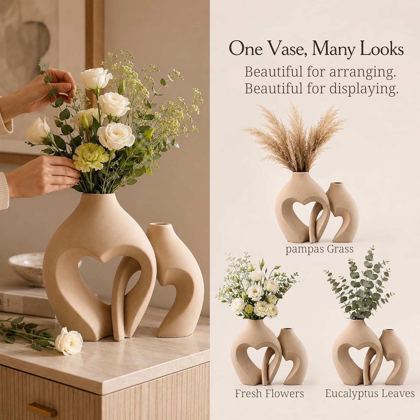 Ceramic Flower Vases Home Decor Heart Shaped Vase Nordic Heart Shaped Vases / Brown / Set of 2