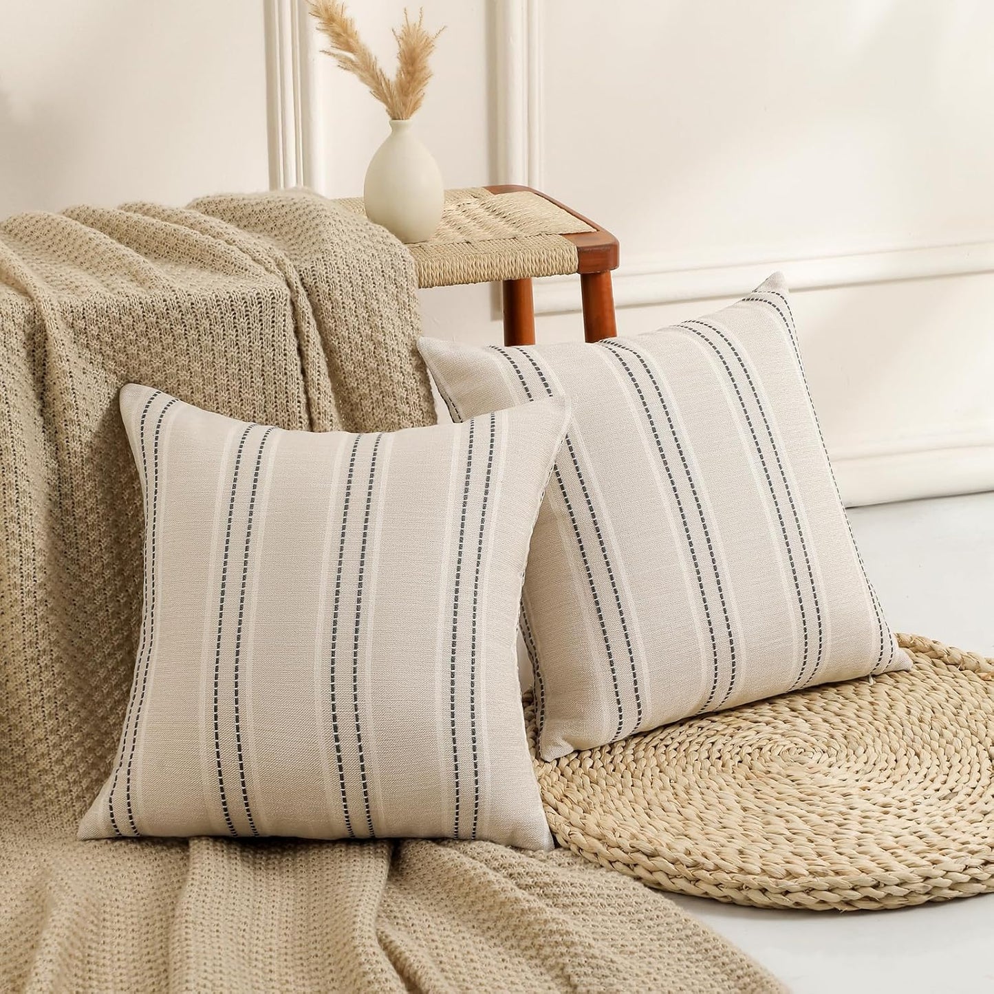 Decorative Pillow Covers Striped Throw Pillows Textured Linen Pillow / Grey / 18 x 18 / Set of 2