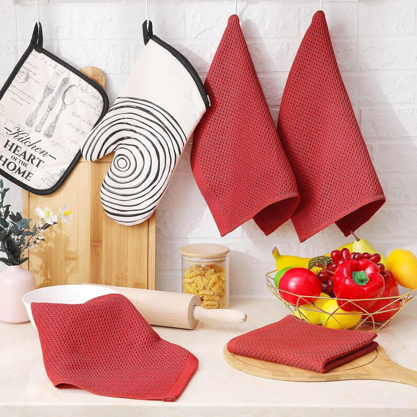 Homaxy 100% Cotton Waffle Weave Kitchen Dish Cloths 8-Pack, Brick Red | 12 x 12 Inches, Ultra Soft Absorbent Dish