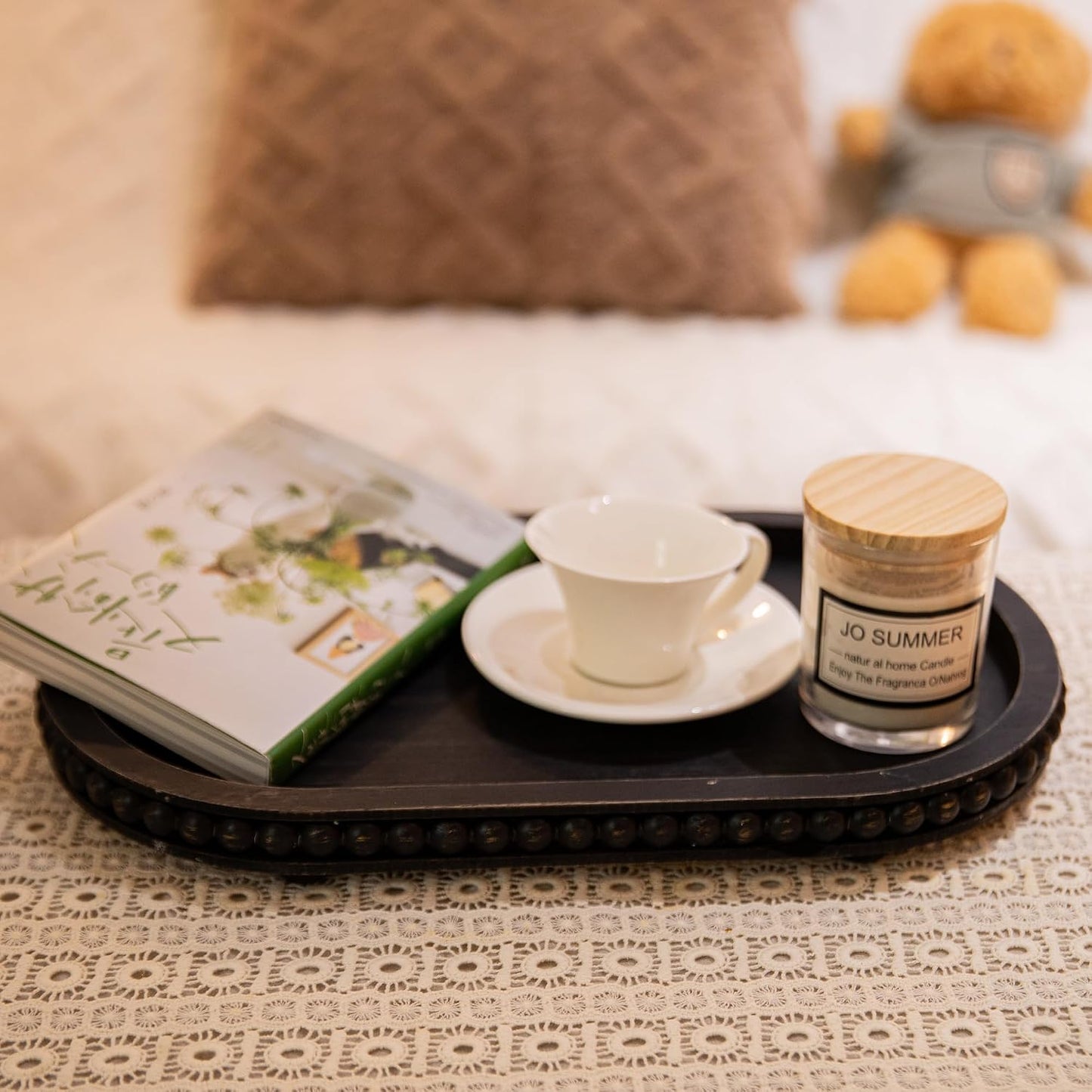 Black Wood Beaded Tray / 15inch Oval Black / 15 Inch